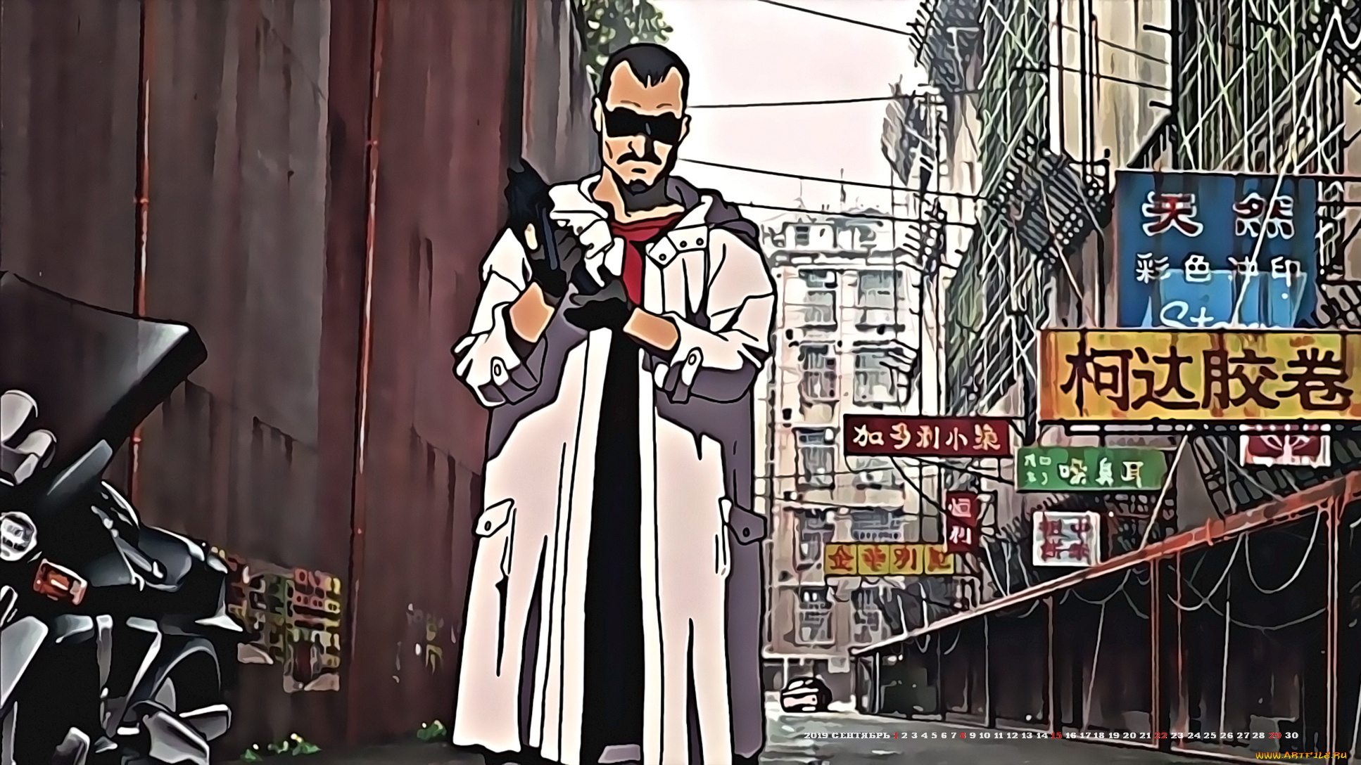 календари, аниме, город, улица, здание, очки, мужчина, вывеска, calendar, 2019
