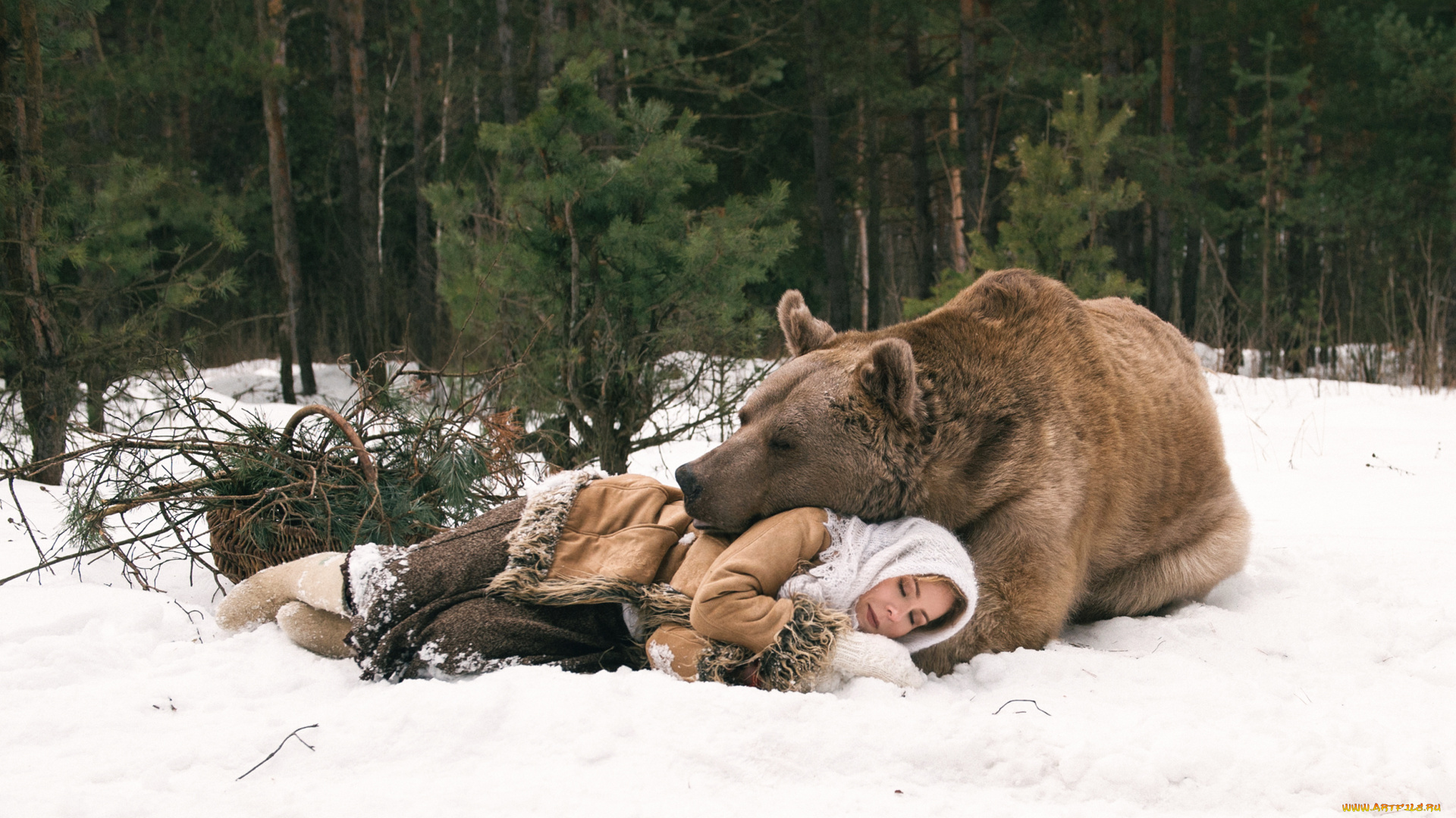 девушки, -, креатив, , косплей, cosplay, медведь, сказка, русская, девушка, модель, наряд, поза, спит, тулуп, хворост, платок, степан, маша