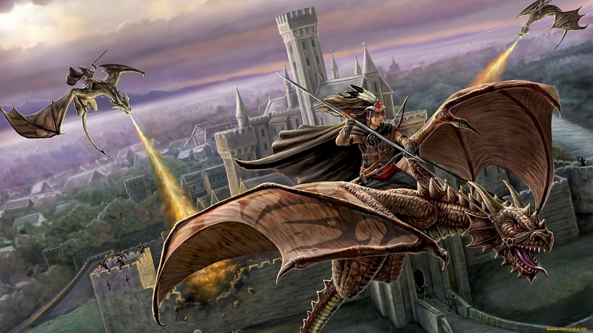 фэнтези, драконы, всадники, нападение, замок, город
