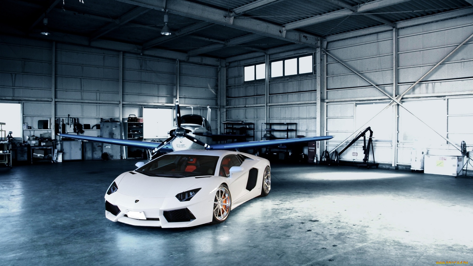 lamborghini, aventador, автомобили, lamborghini, белый, самолет, ангар