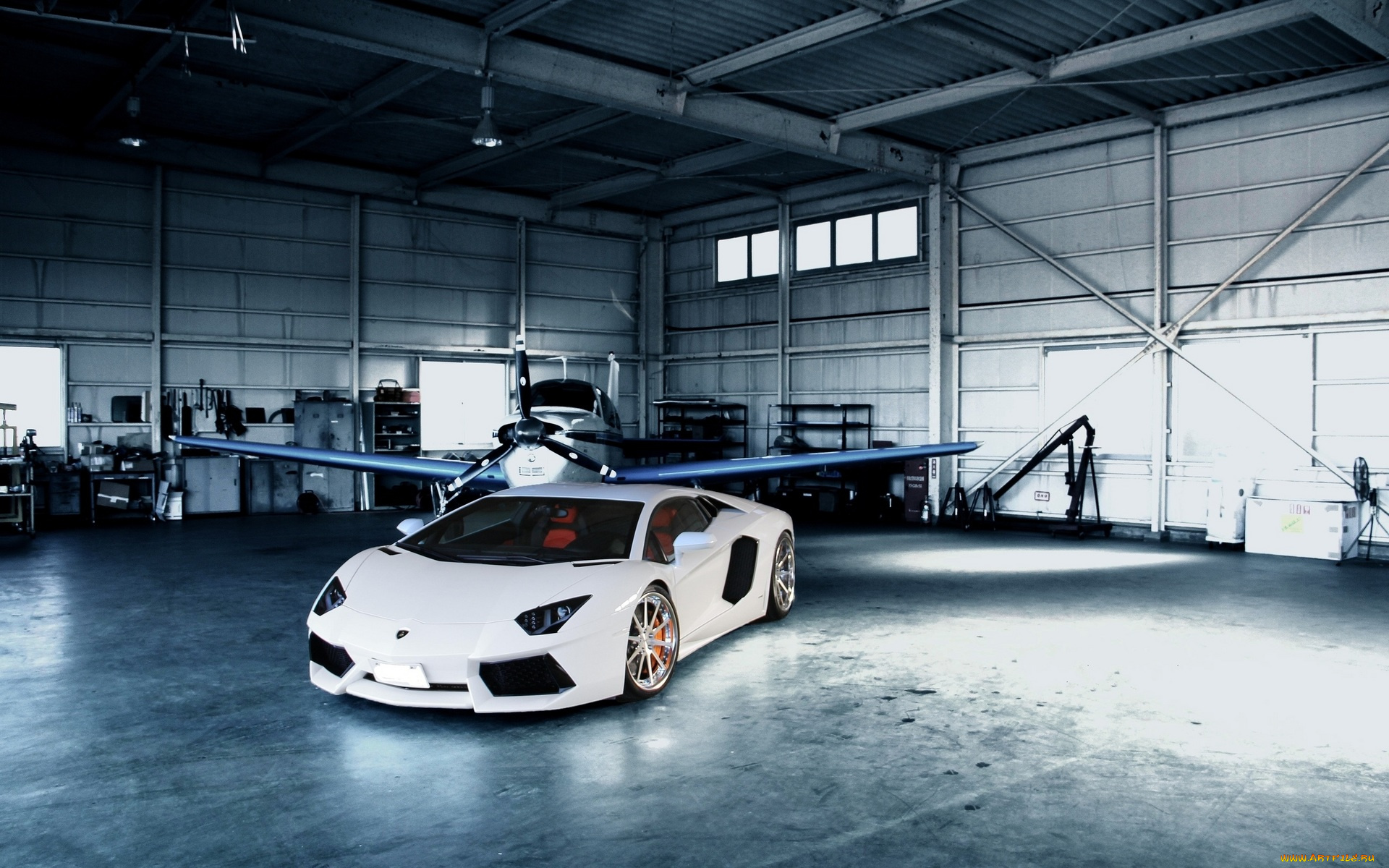lamborghini, aventador, автомобили, lamborghini, белый, самолет, ангар