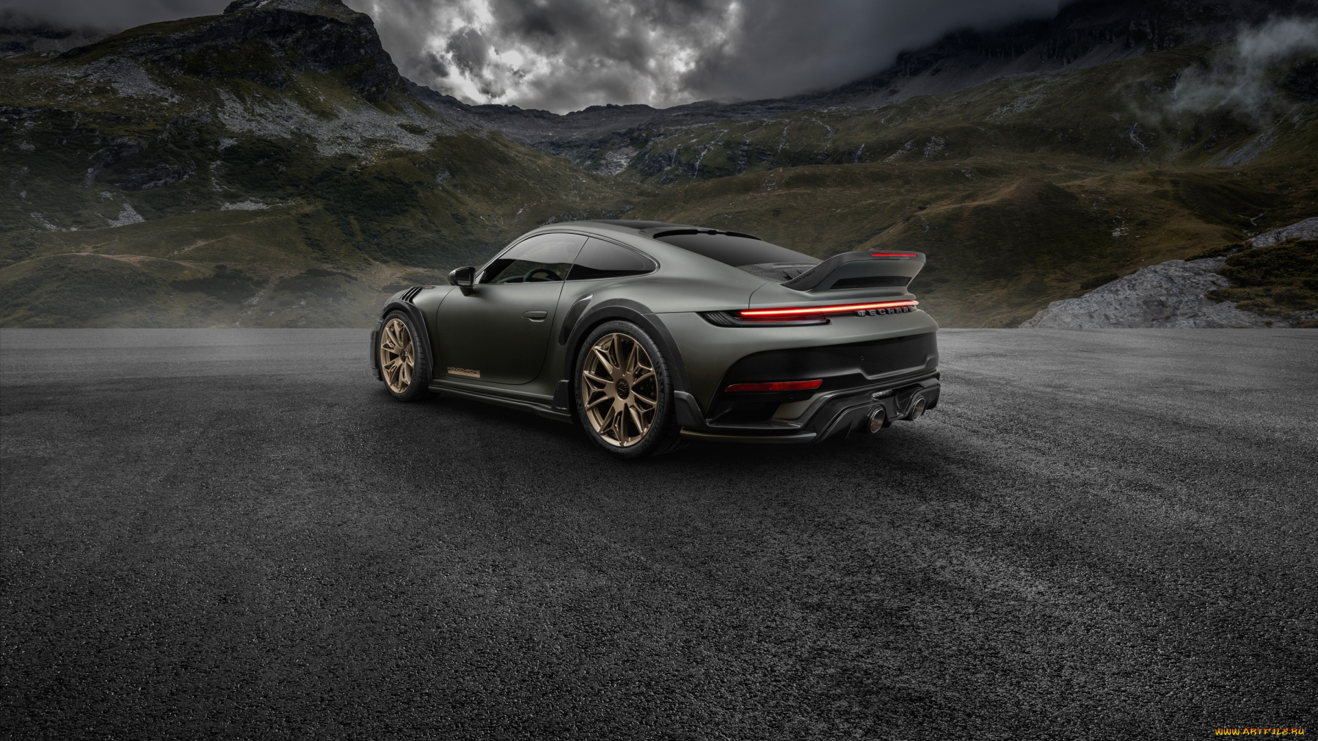 auto, -, car, автомобили, porsche, clouds, 911, mountain, monochrome, road, rear, techart