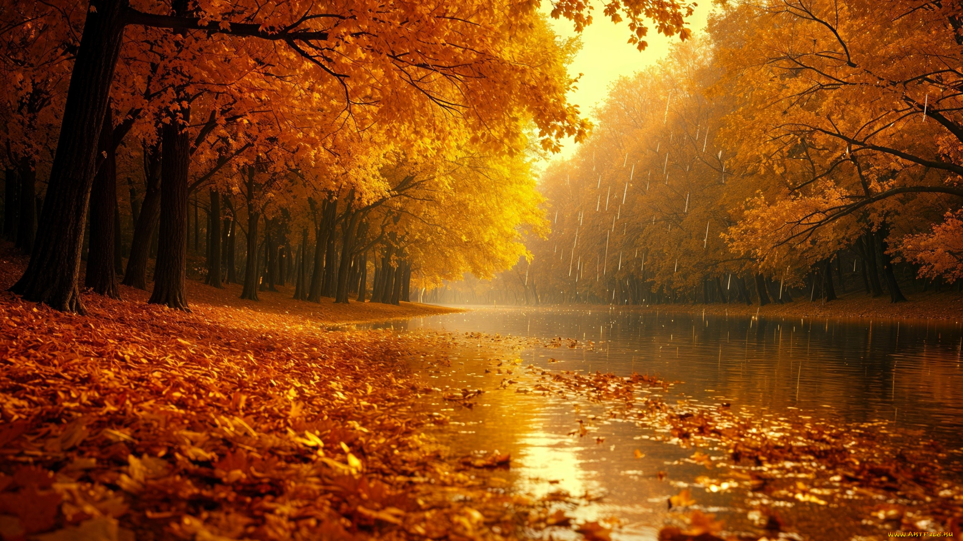 3д, графика, природа, , nature, осень, деревья, листья, дождь, лес, река