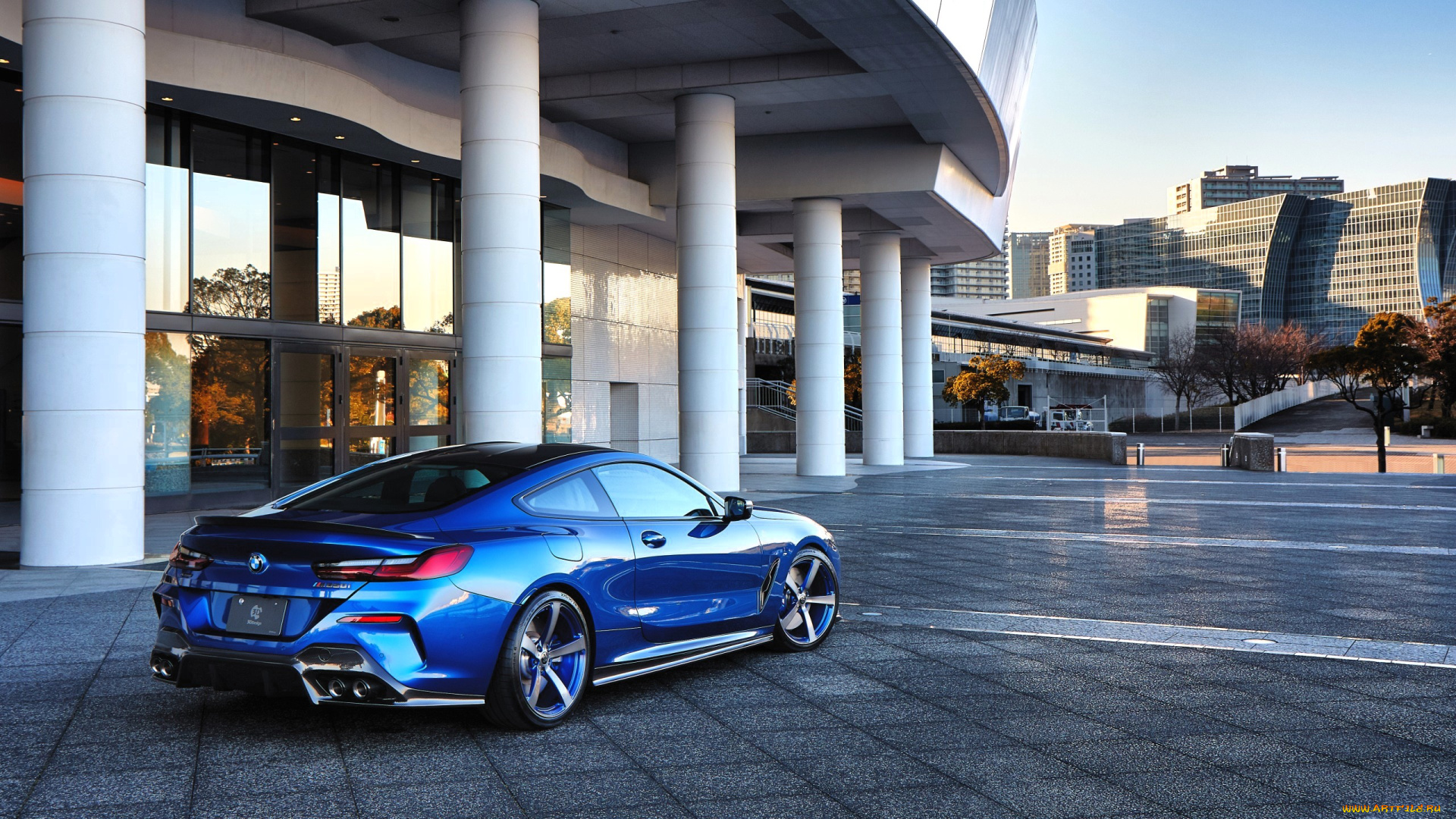 bmw, m850i, xdrive, coupe, автомобили, bmw, синий, площадь, здания, деревья, осень