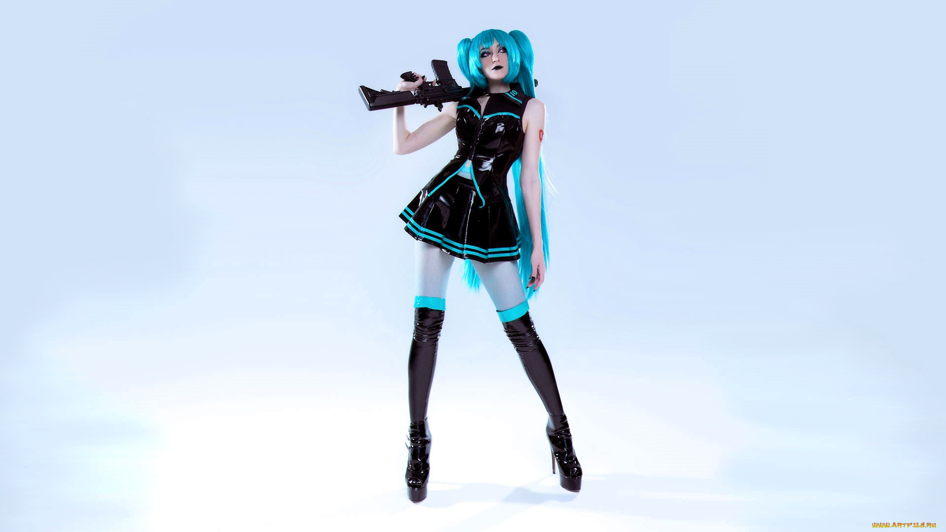 девушки, momo, образ, косплей, наряд, костюм, платье, оружие, автомат