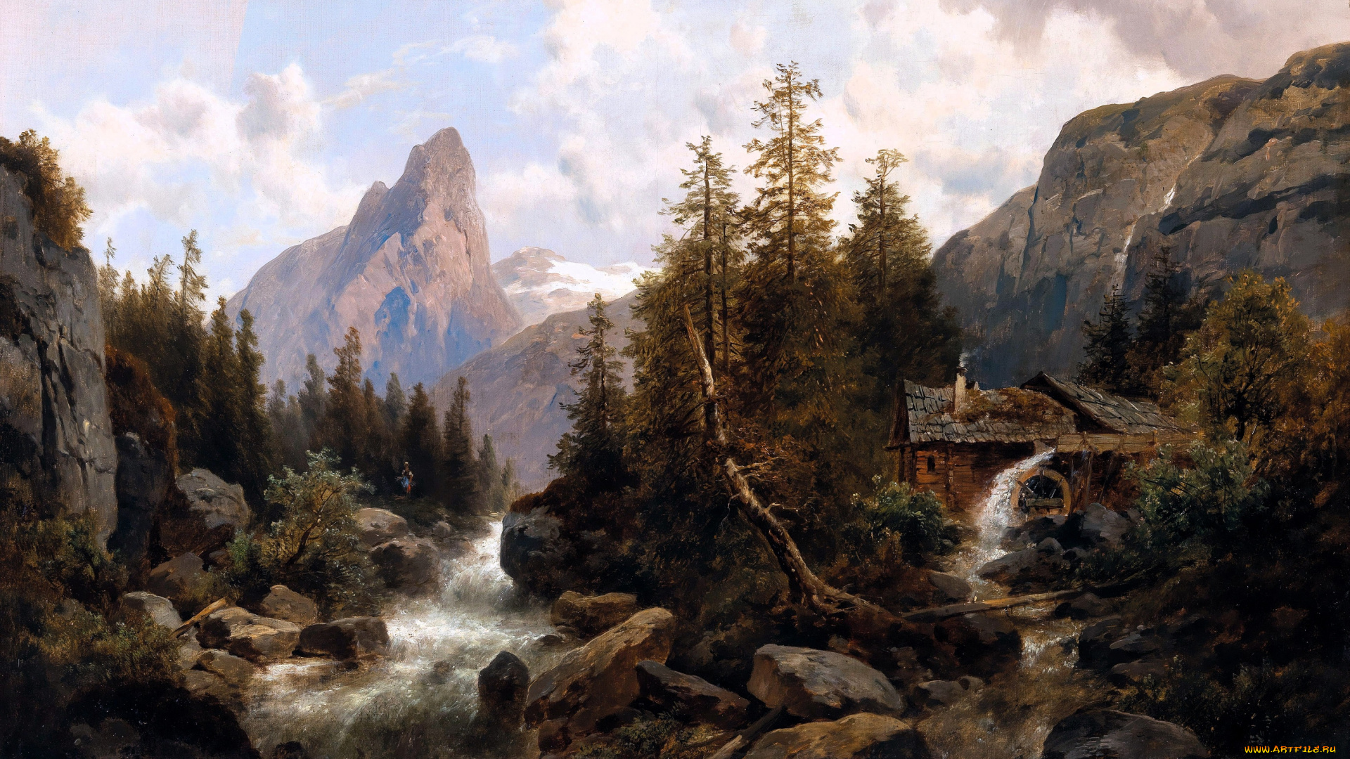 josef, thoma, рисованное, живопись, горы, облака, дом, мельница, камни, речка, деревья