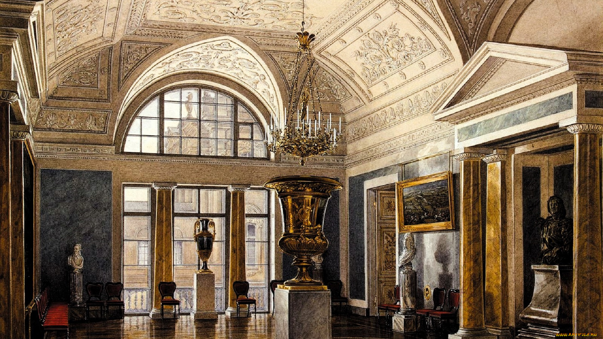 рисованное, эдуард, гау, дворец, интерьер, зал, свод, лепнина, люстра, ваза, статуи
