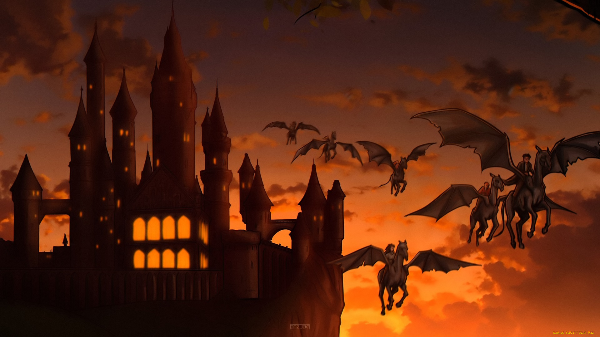 рисованное, кино, , мультфильмы, замок, хогвардс, фестралы, полет, закат, ученики
