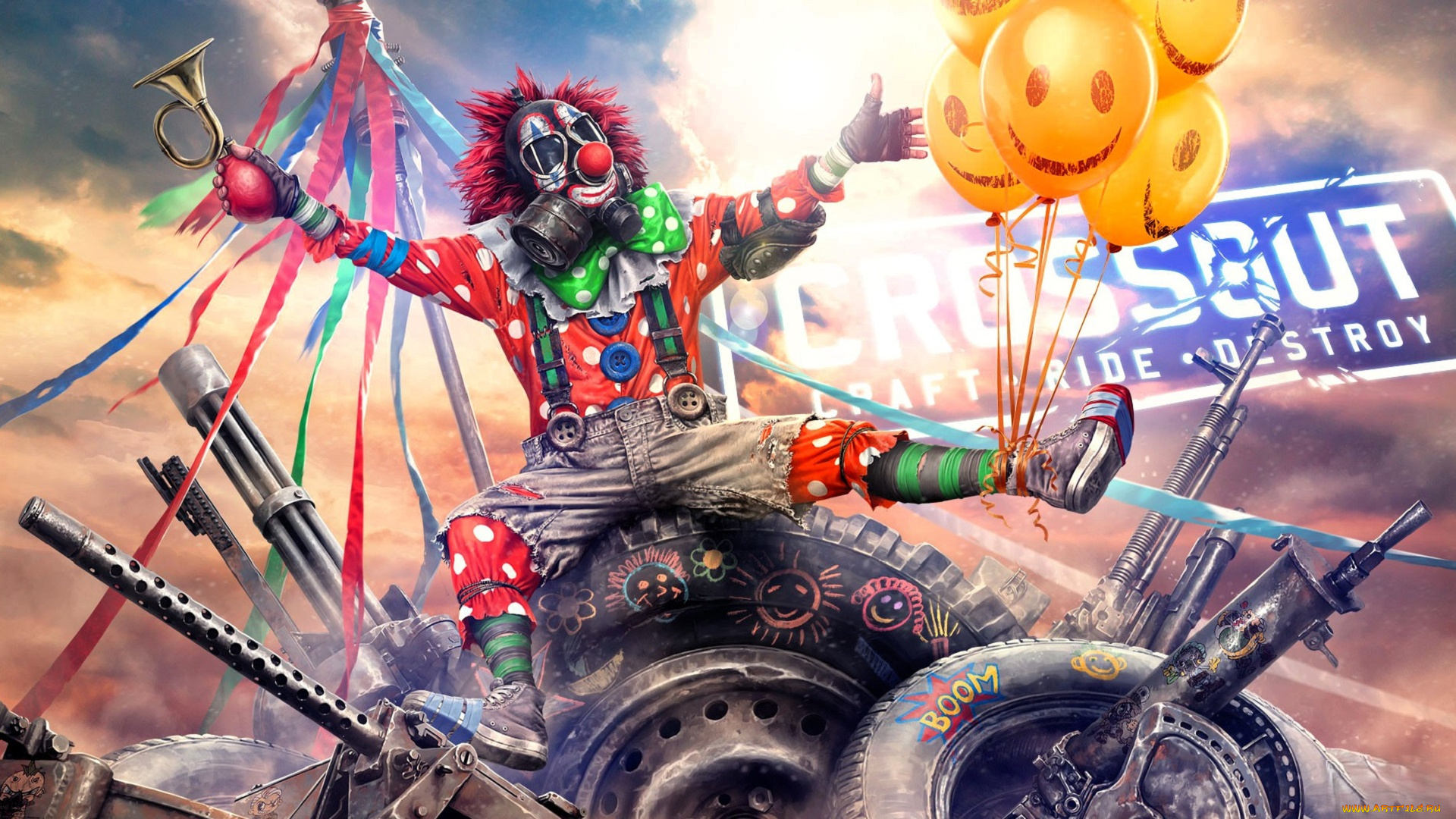 видео, игры, crossout, клоун, шарики, рожок, ленты, шины, стволы
