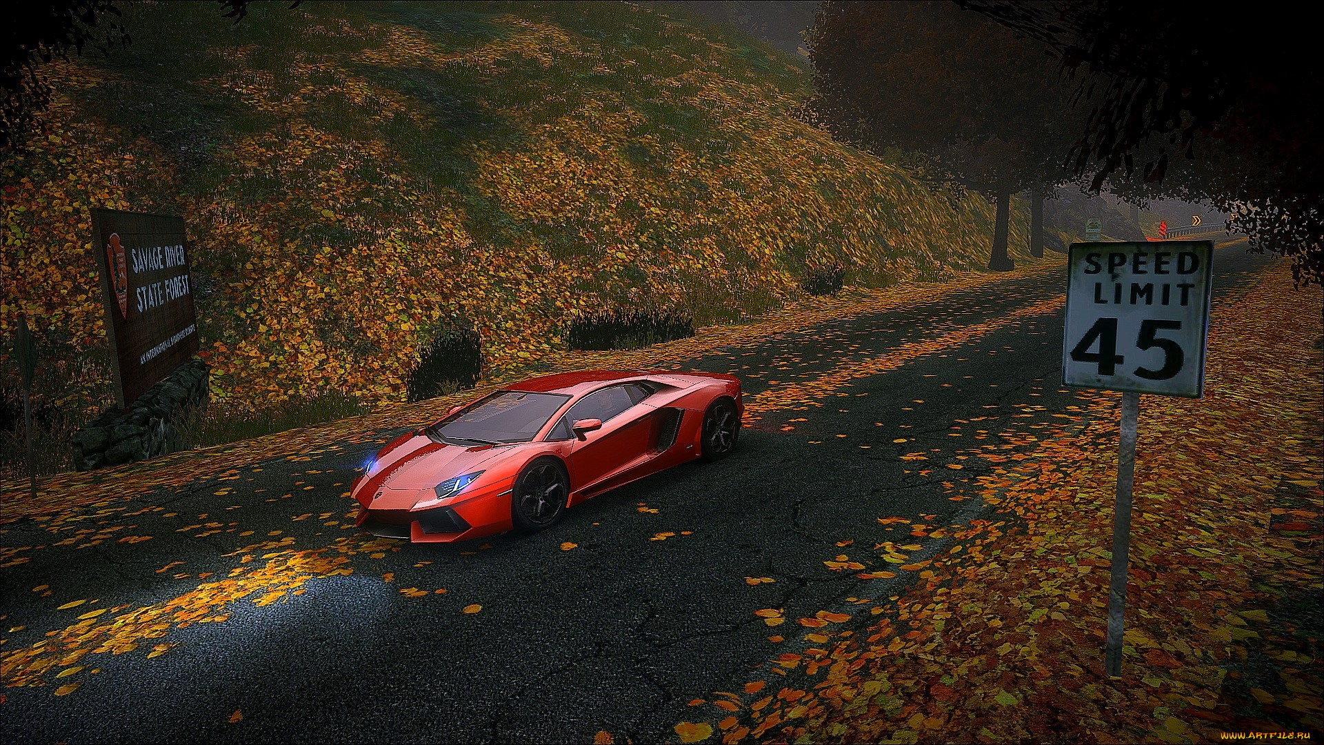 видео, игры, need, for, speed, , the, run, машина, ламборгини, склон, осень, дорога, листья, знаки