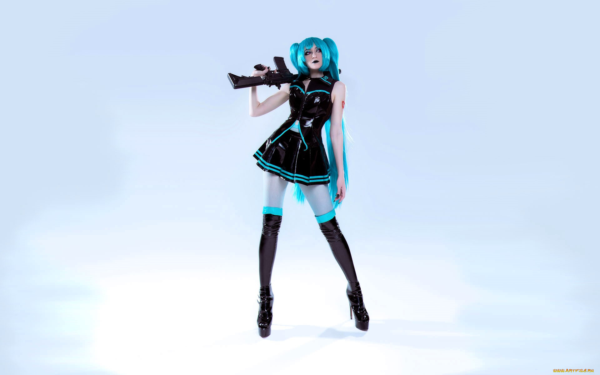 девушки, momo, образ, косплей, наряд, костюм, платье, оружие, автомат