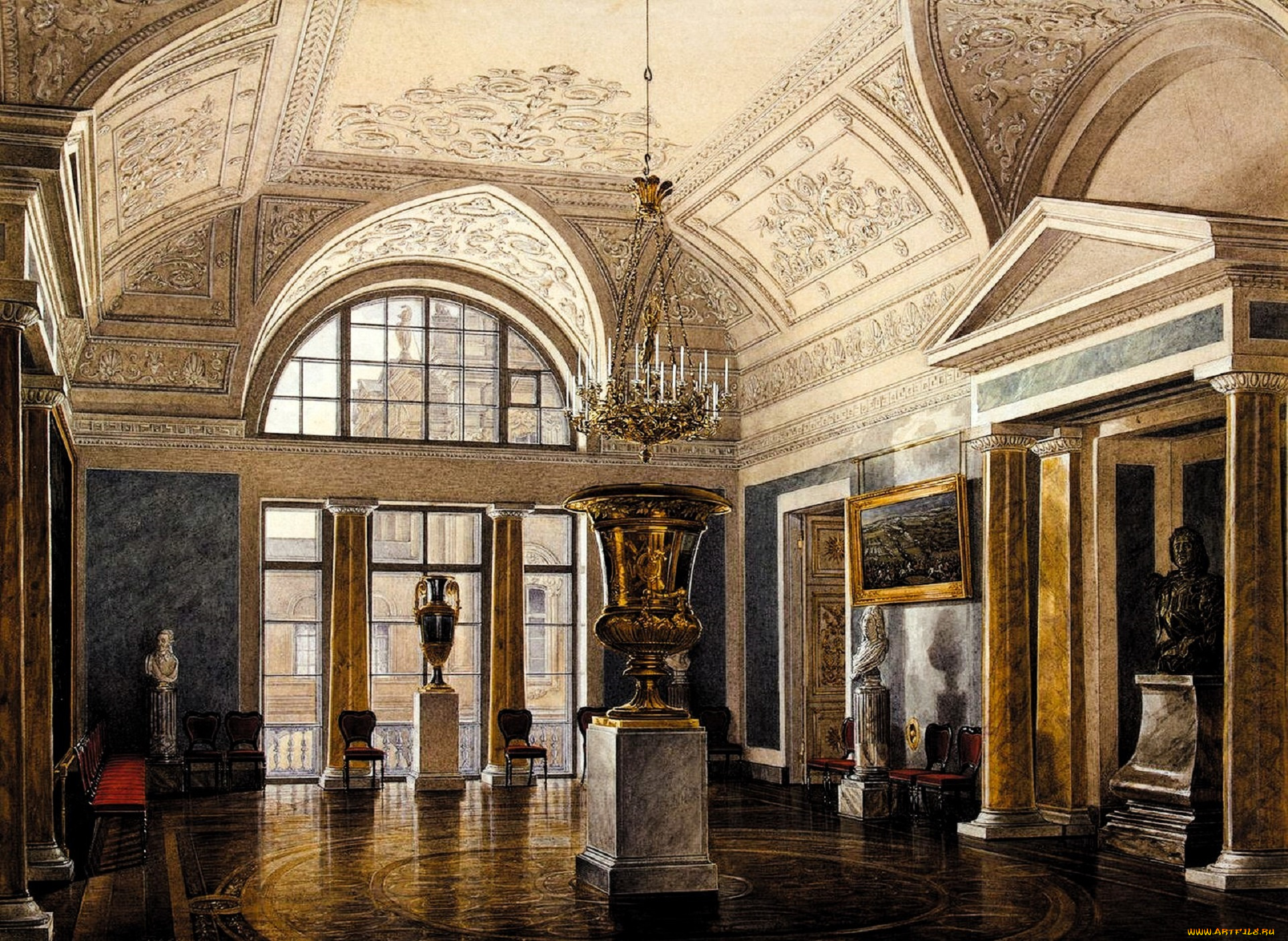 рисованное, эдуард, гау, дворец, интерьер, зал, свод, лепнина, люстра, ваза, статуи