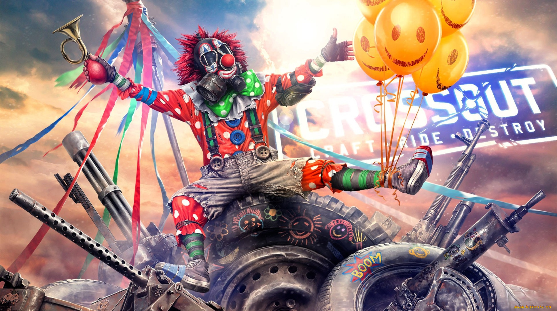 видео, игры, crossout, клоун, шарики, рожок, ленты, шины, стволы