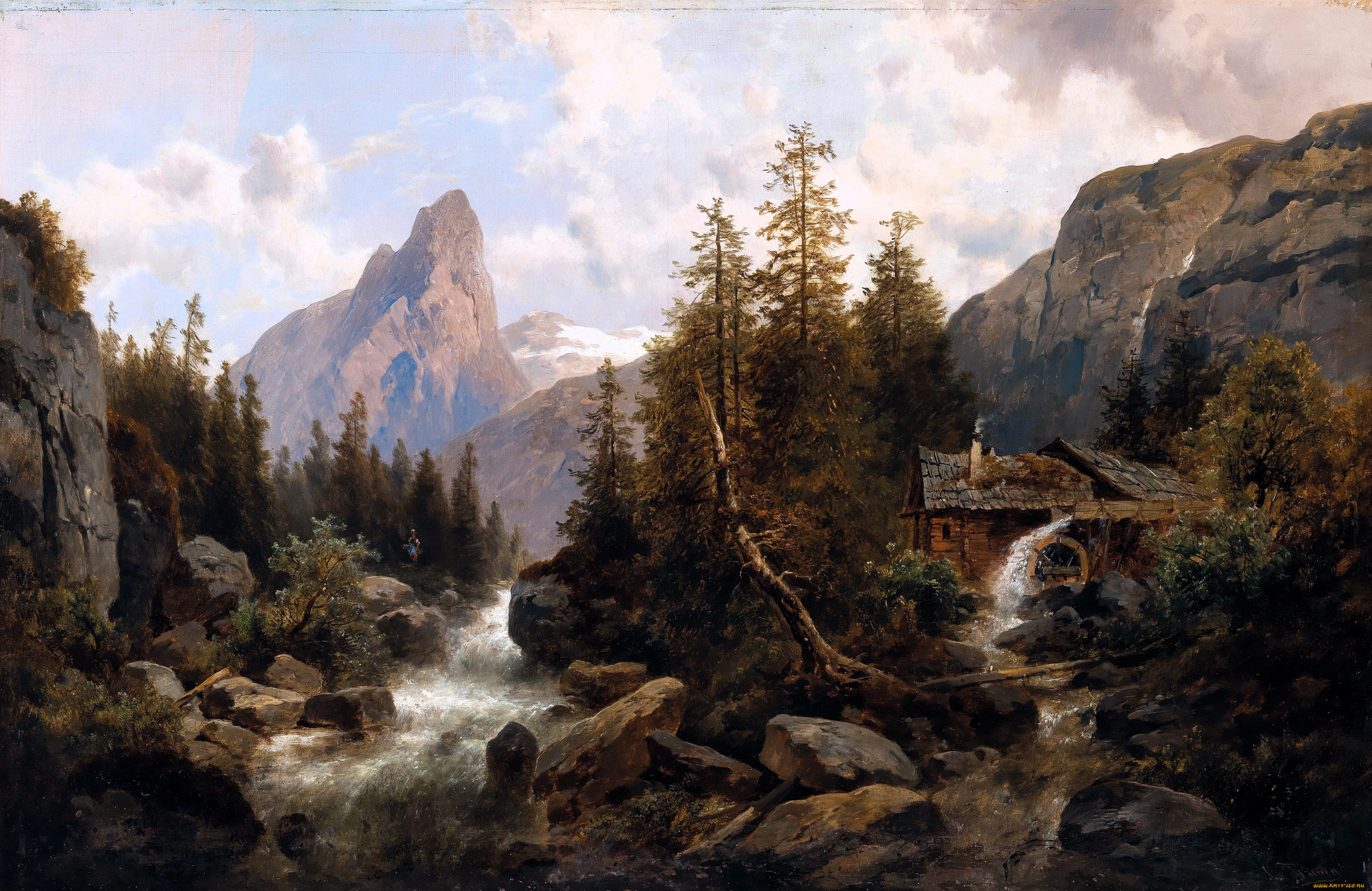 josef, thoma, рисованное, живопись, горы, облака, дом, мельница, камни, речка, деревья