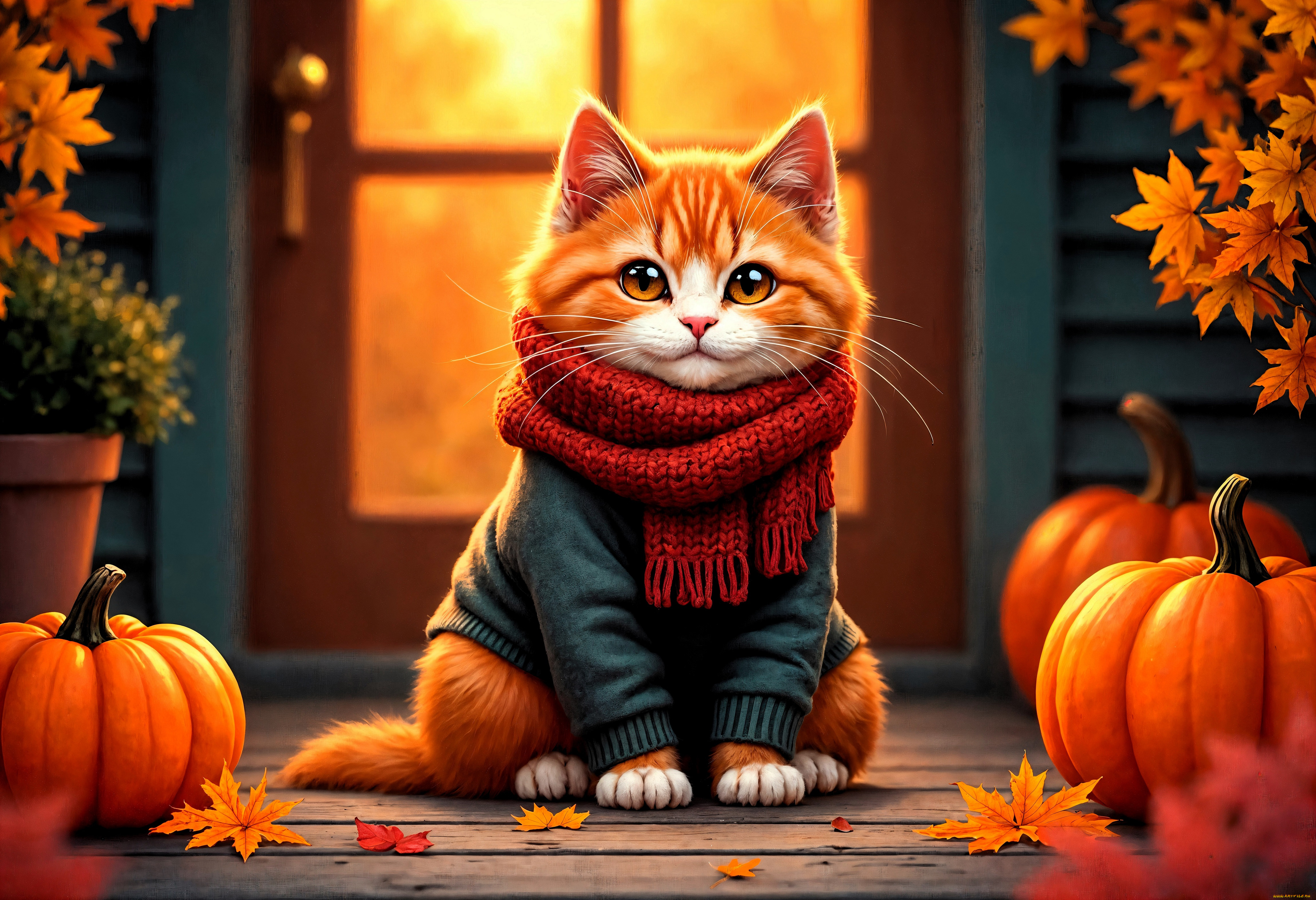 3д, графика, животные, , animals, кот, шарф, свитер, дом, дверь, ступени, листья, осень, тыквы
