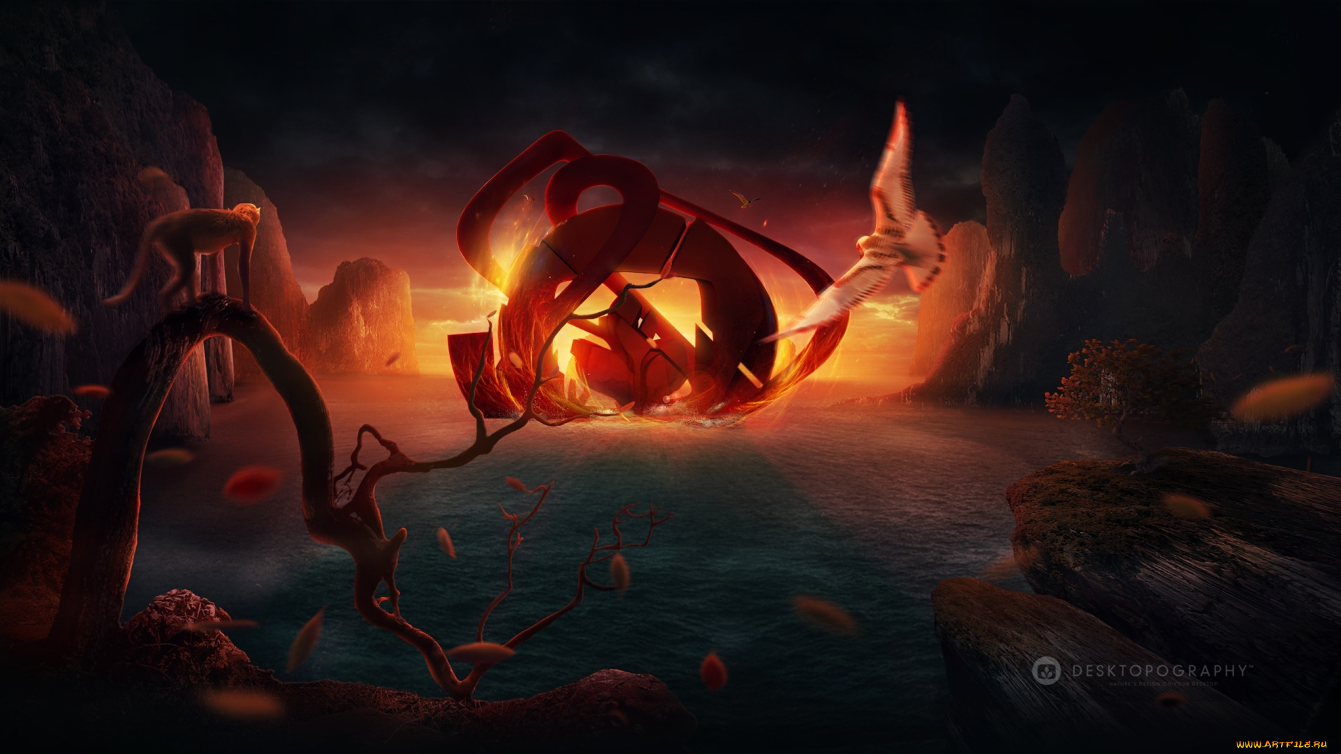 3д, графика, fantasy, фантазия, эмблема, desktopography, мартышка, птица, море, листья, закат, огонь