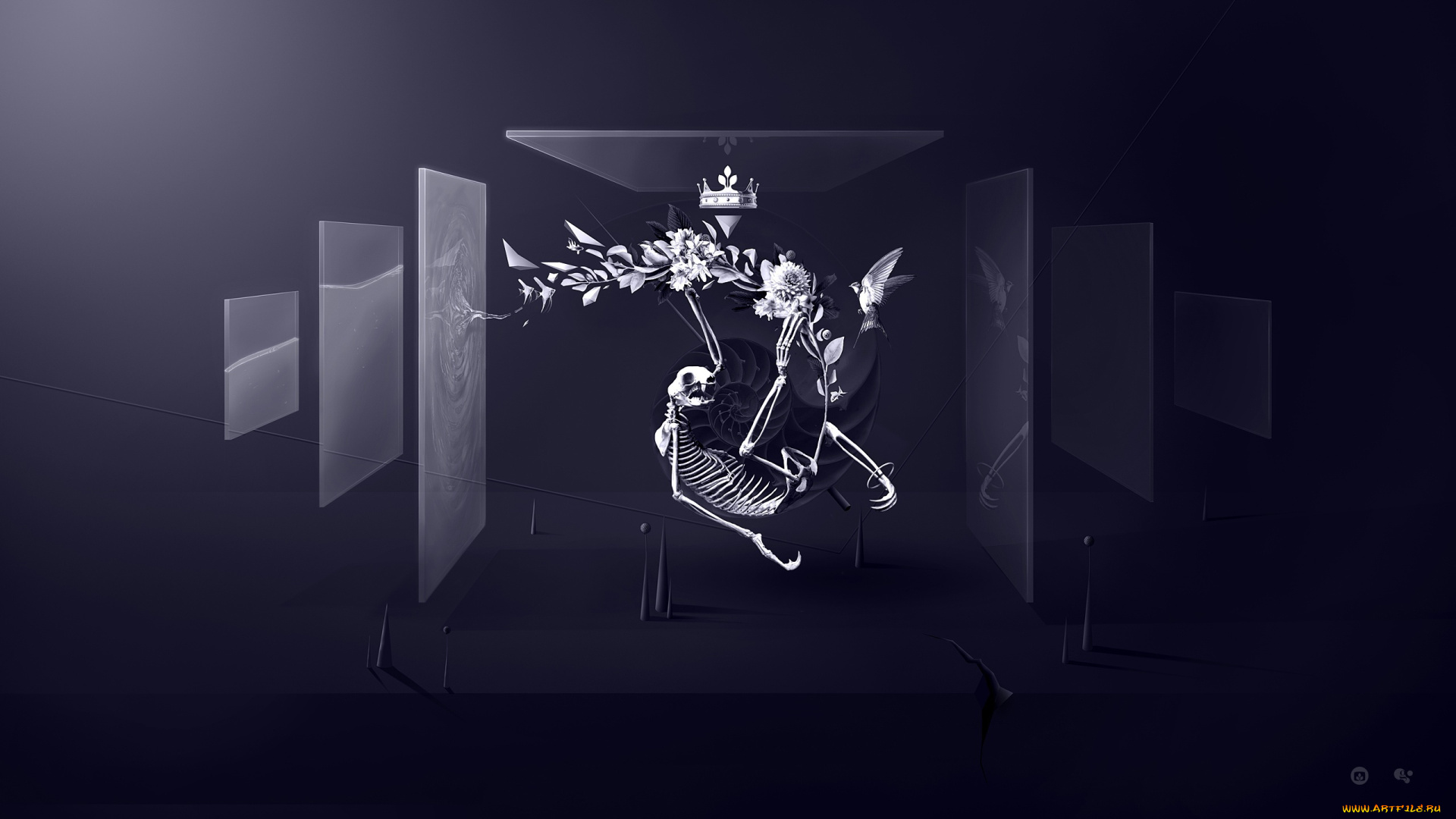 3д, графика, horror, ужас, скелет, desktopography, цветы, корона, стёкла, птица