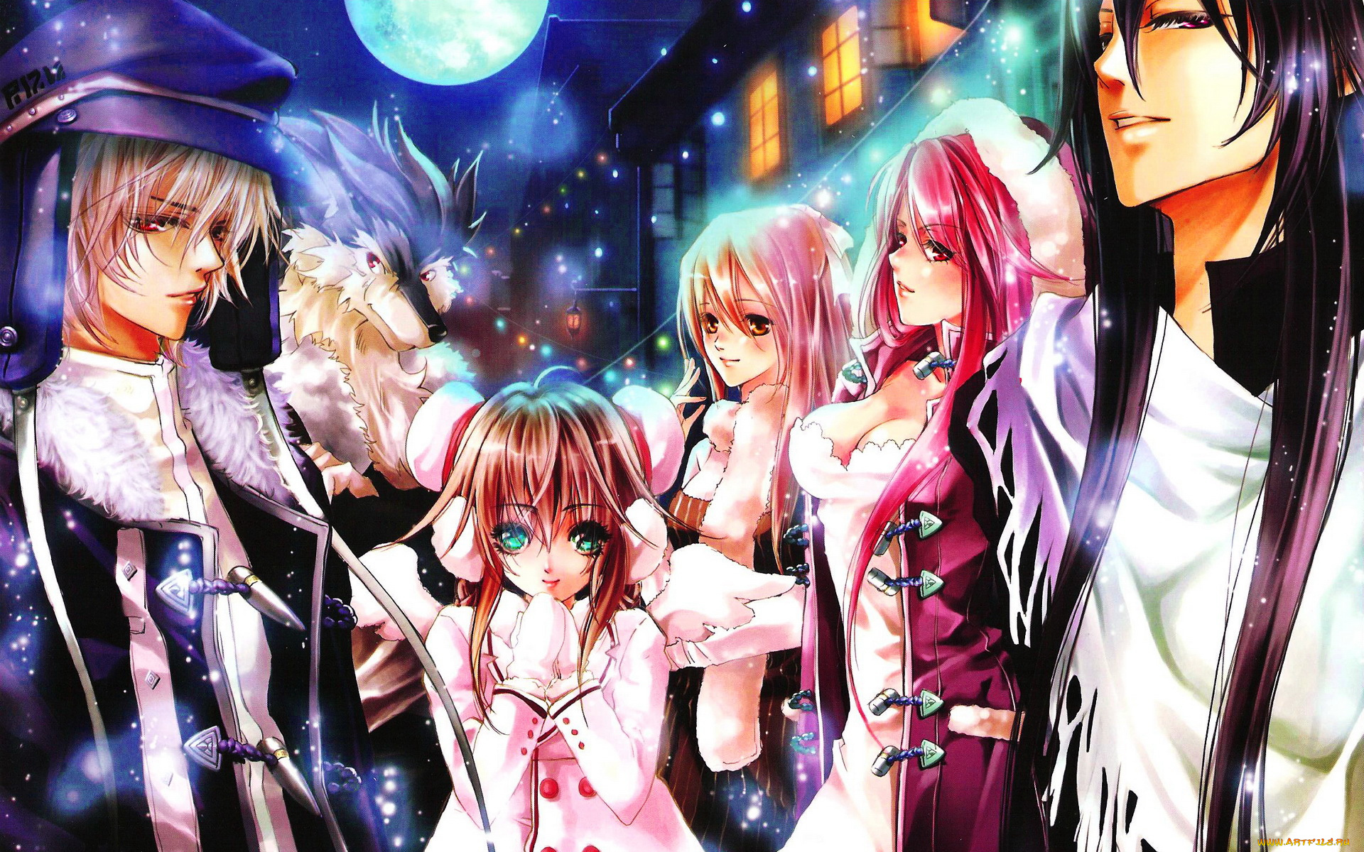 аниме, *unknown, другое, девушки, волк, животное, парни, луна, ночь, дома, огни, окна