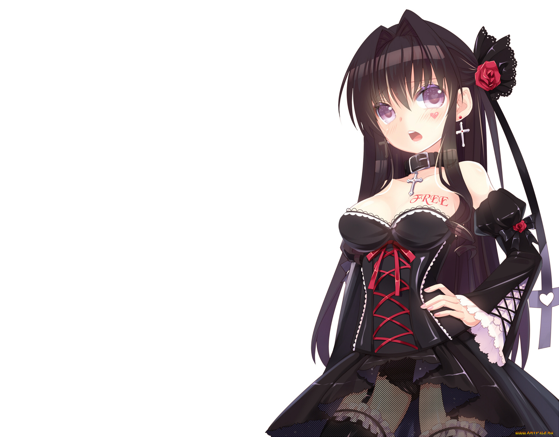 аниме, *unknown, другое, девушка, готика, платье, крест, роза, чулки