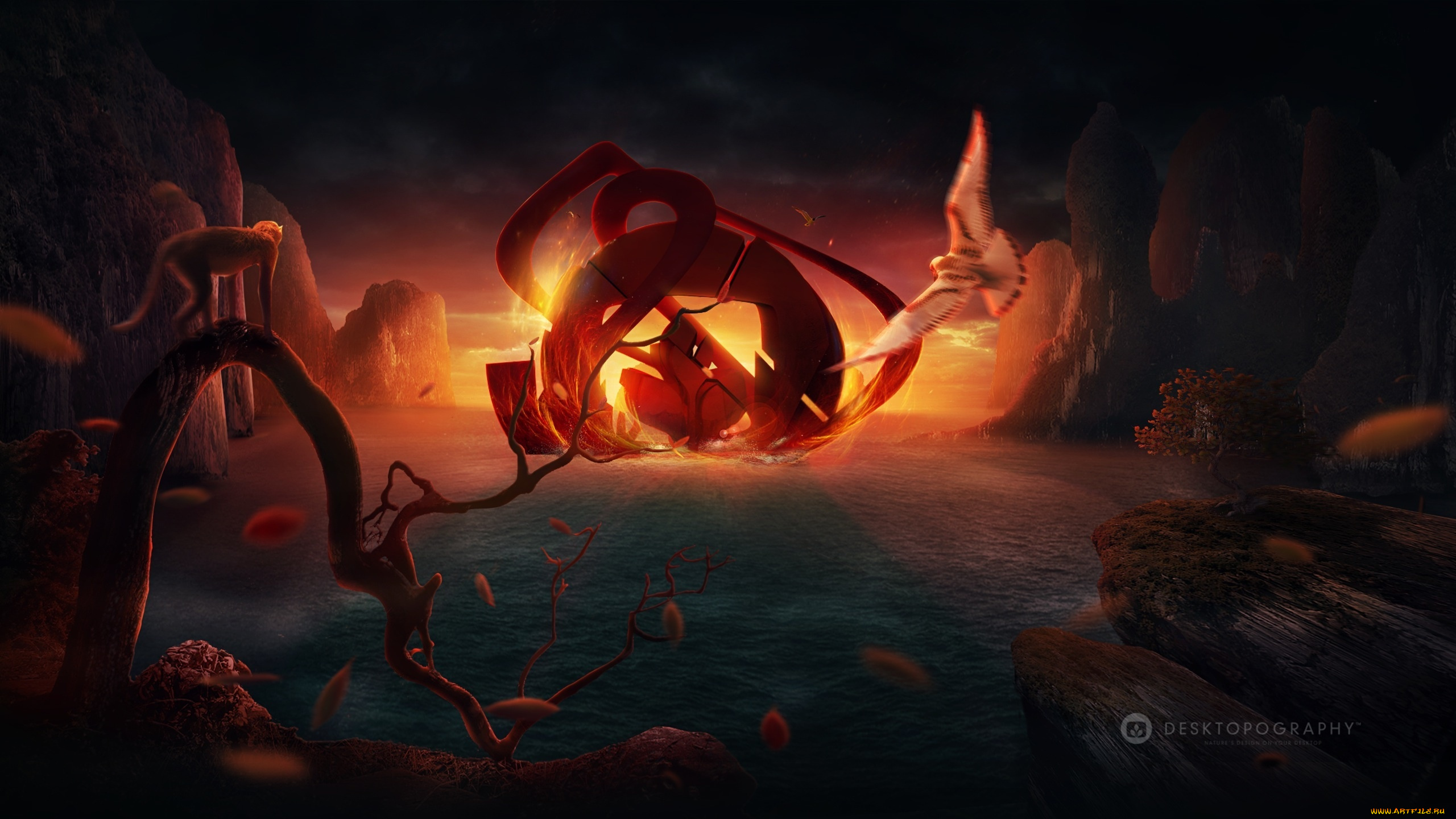 3д, графика, fantasy, фантазия, эмблема, desktopography, мартышка, птица, море, листья, закат, огонь