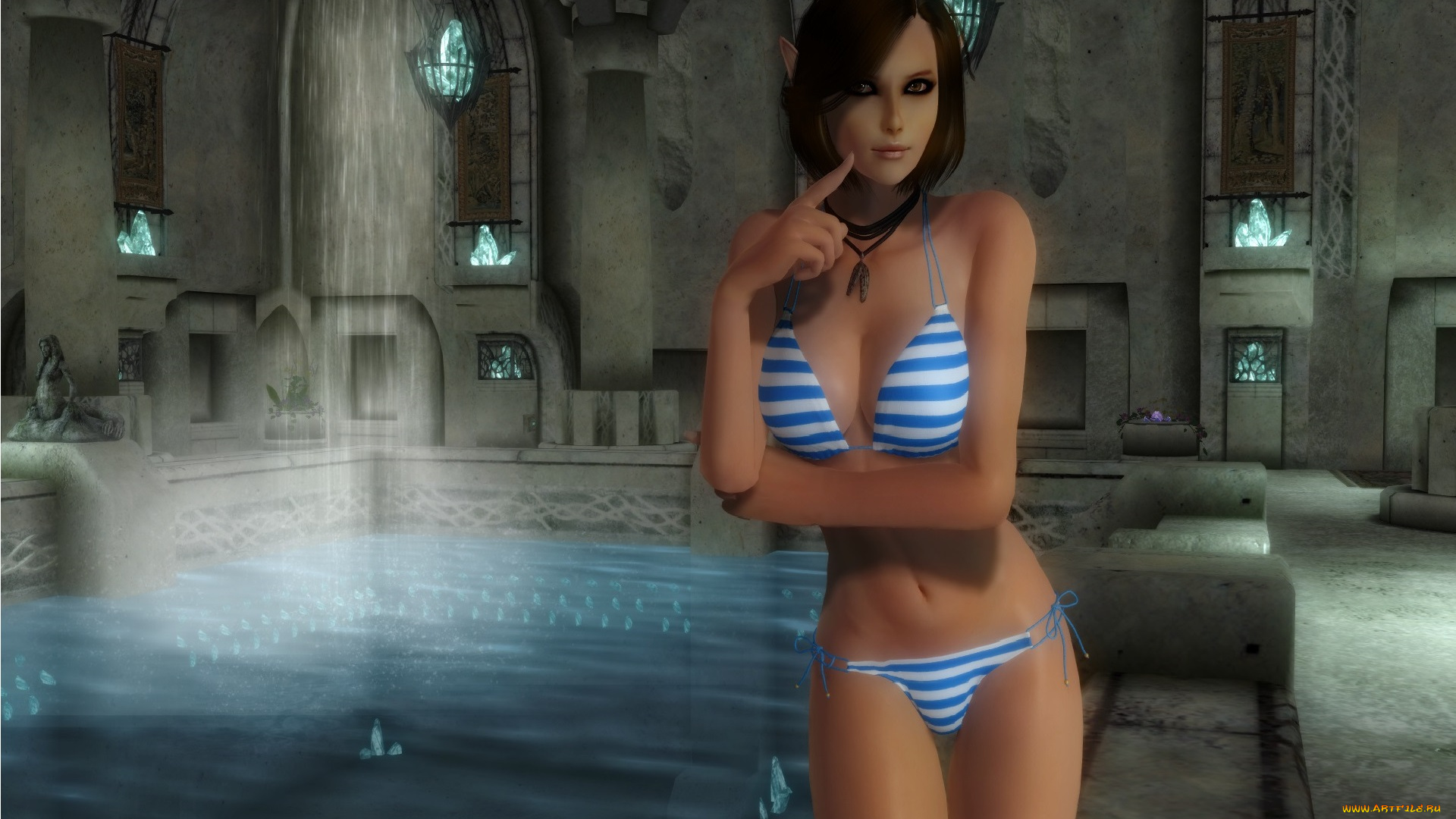 3д, графика, elves, эльфы, бассейн, эльфийка