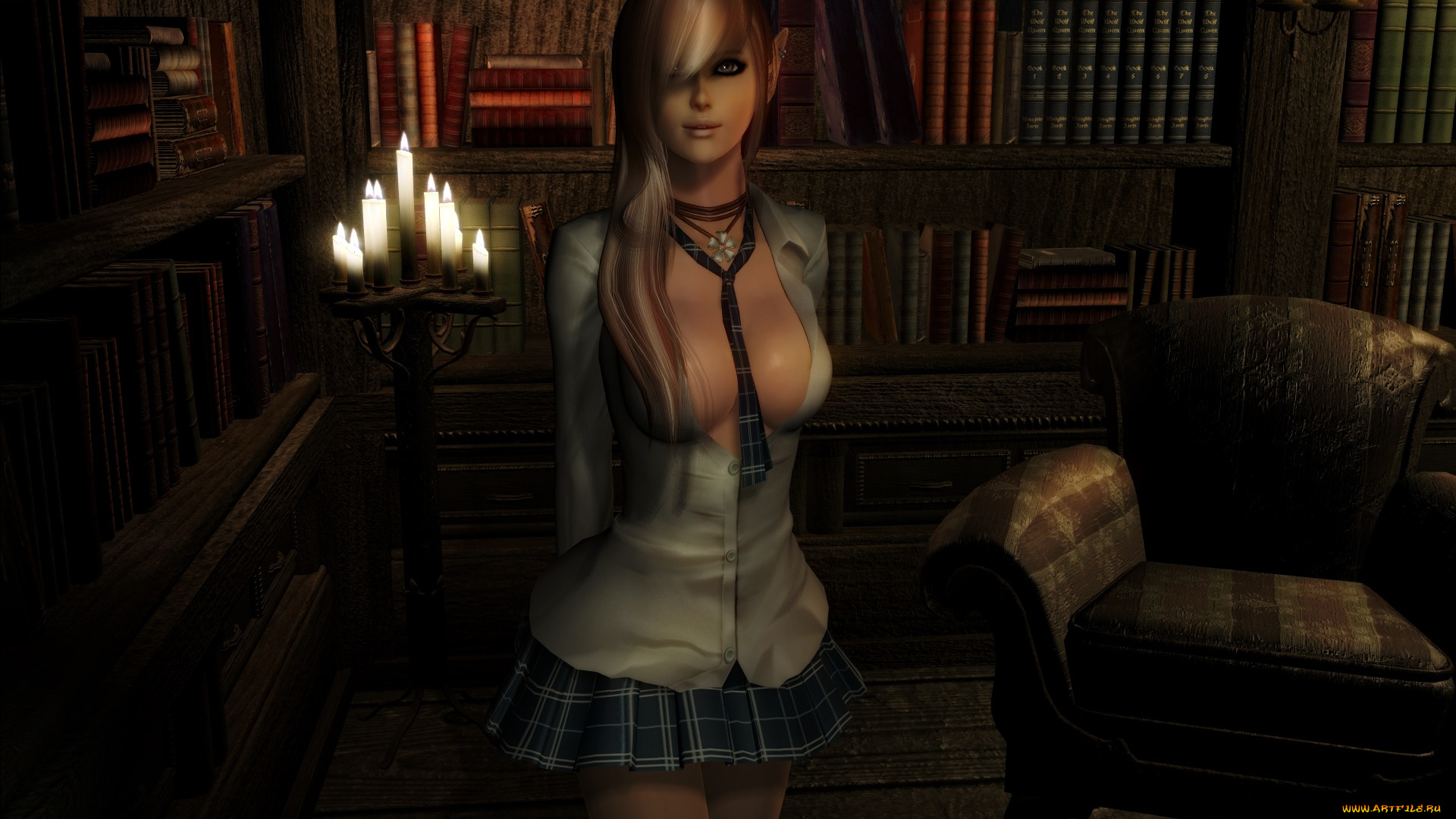 3д, графика, elves, эльфы, эльфийка, свечи, книги