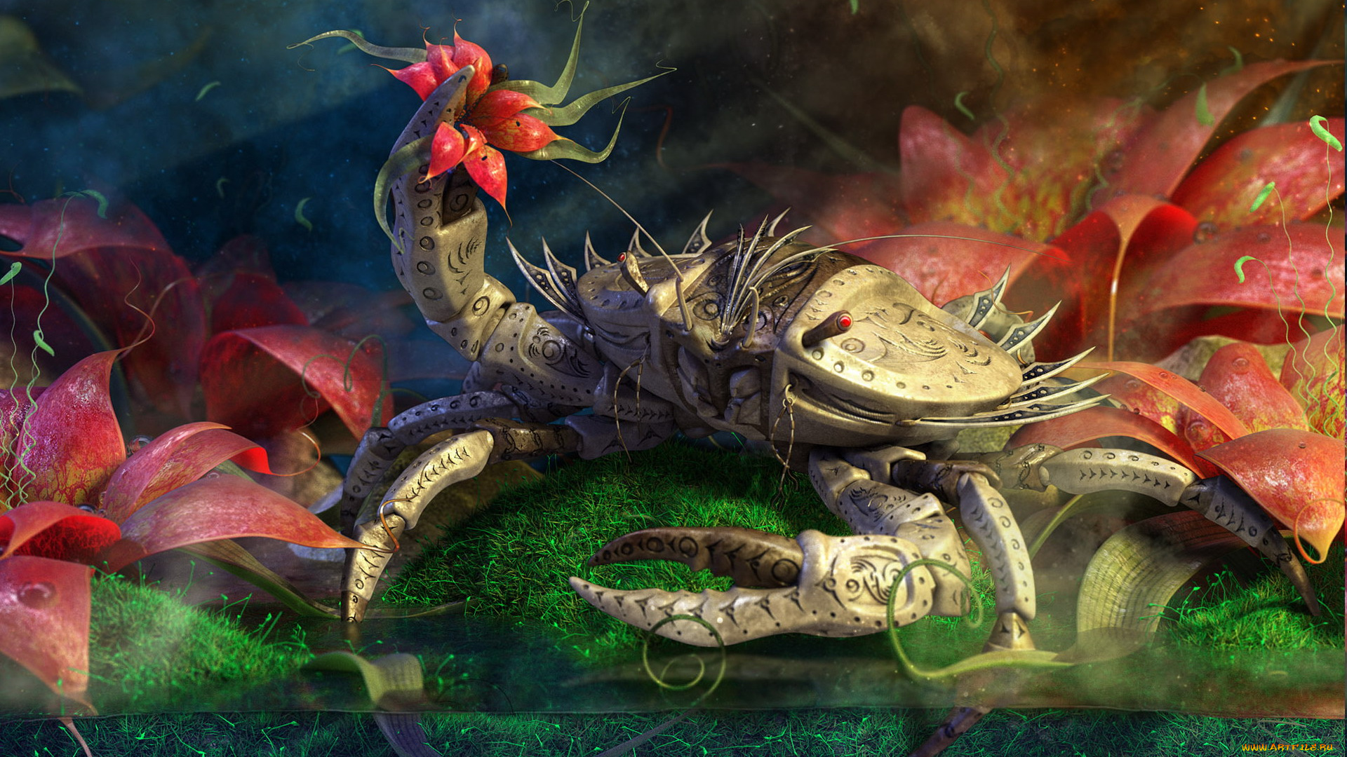 3д, графика, fantasy, фантазия, цветы, краб, вода, balazs, papay, balazs, papay