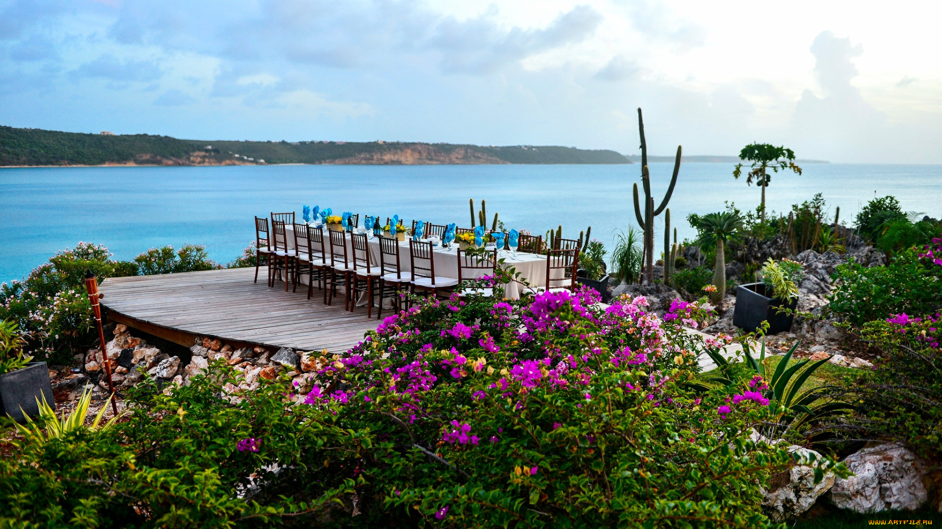 интерьер, бассейны, открытые, площадки, море, бухта, площадка, стол, убранство, кустарник, цветы