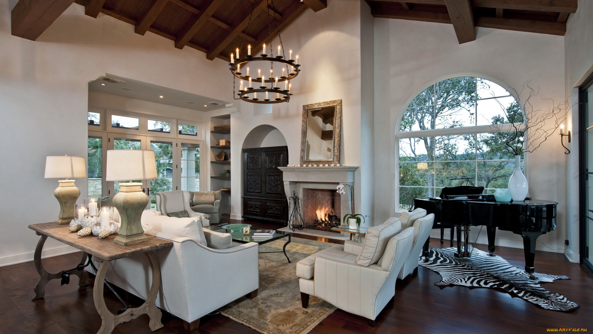 интерьер, гостиная, рояль, камин, стол, диван