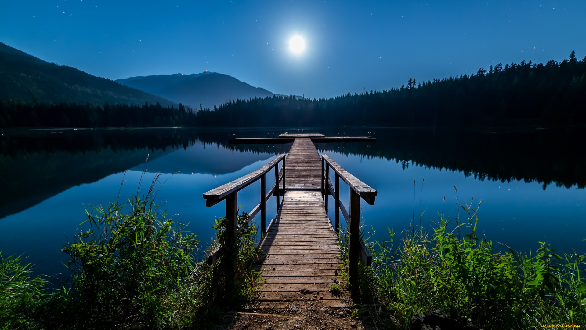 природа, восходы, закаты, ночь, луна, озеро, горы, мостик, трава