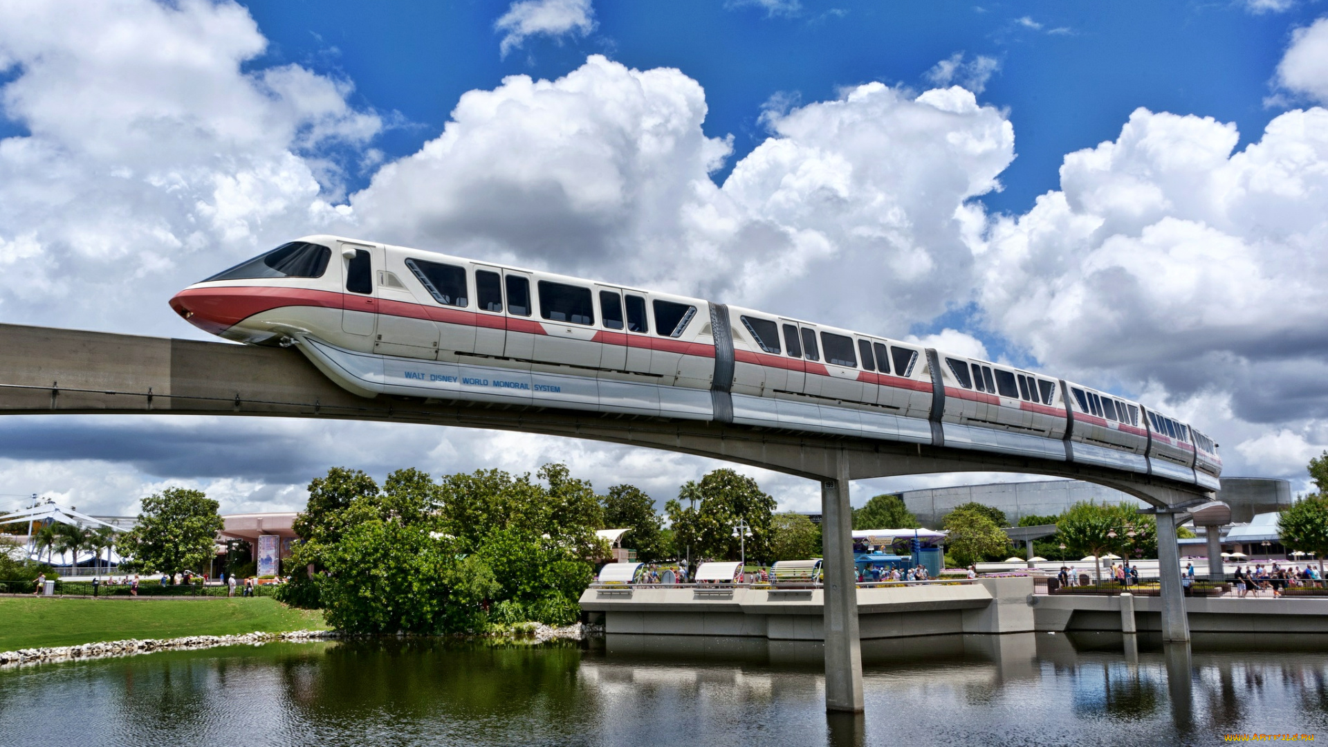 разное, транспортные, средства, магистрали, город, парк, водоем, сваи, монорельс, поезд