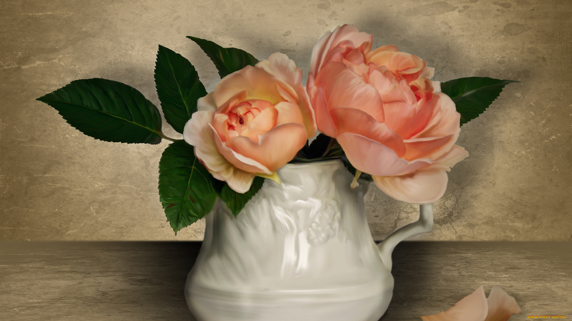 рисованные, цветы, лепестки, кувшин, розы