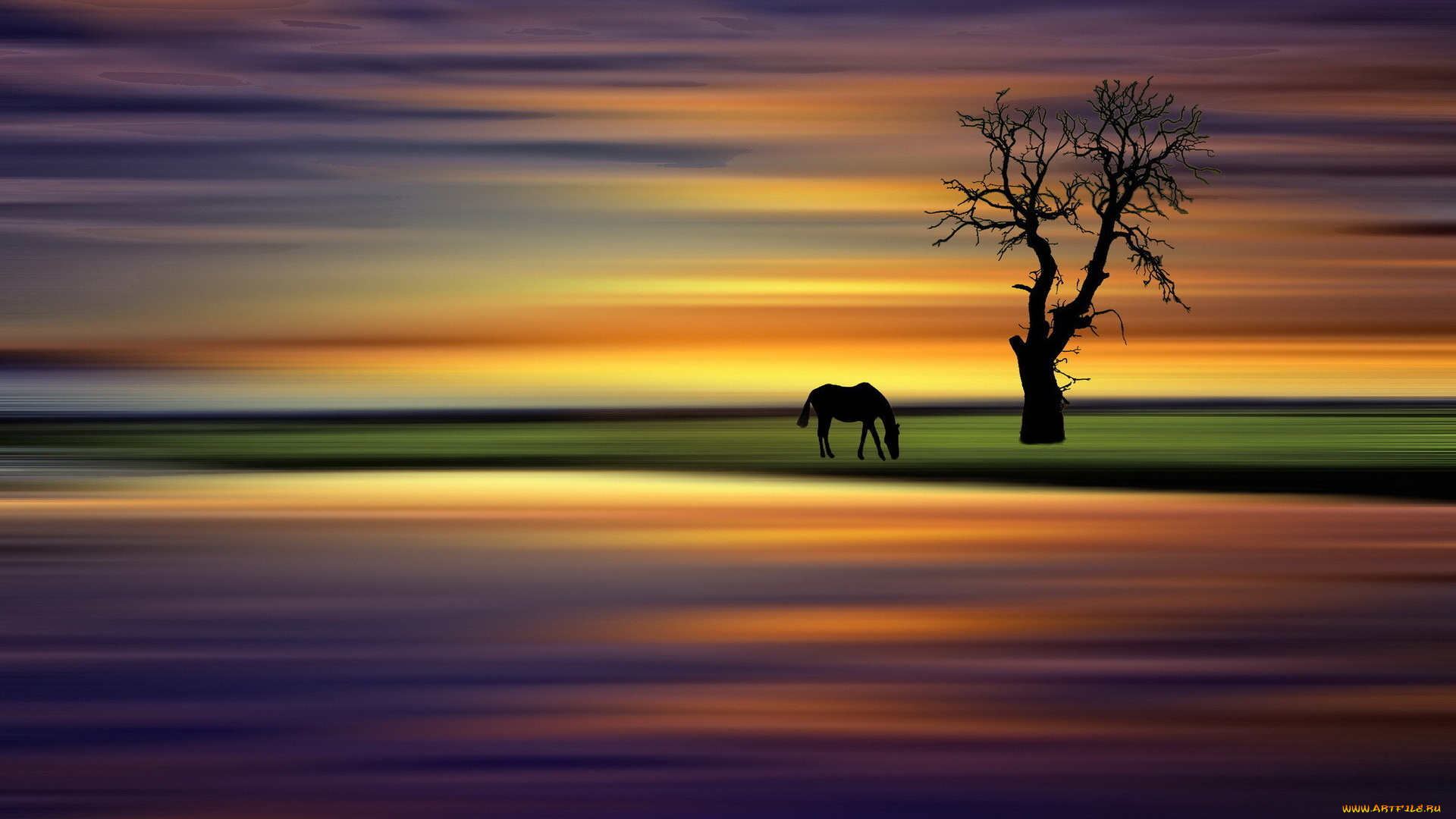 рисованные, животные, лошади, лошадь, отражение, река, дерево, луг, небо