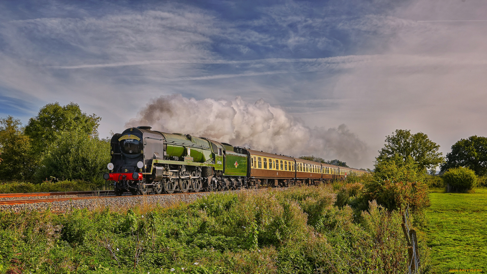 техника, паровозы, железная, дорога, рельсы, паровоз, пассажирский, состав, вагоны