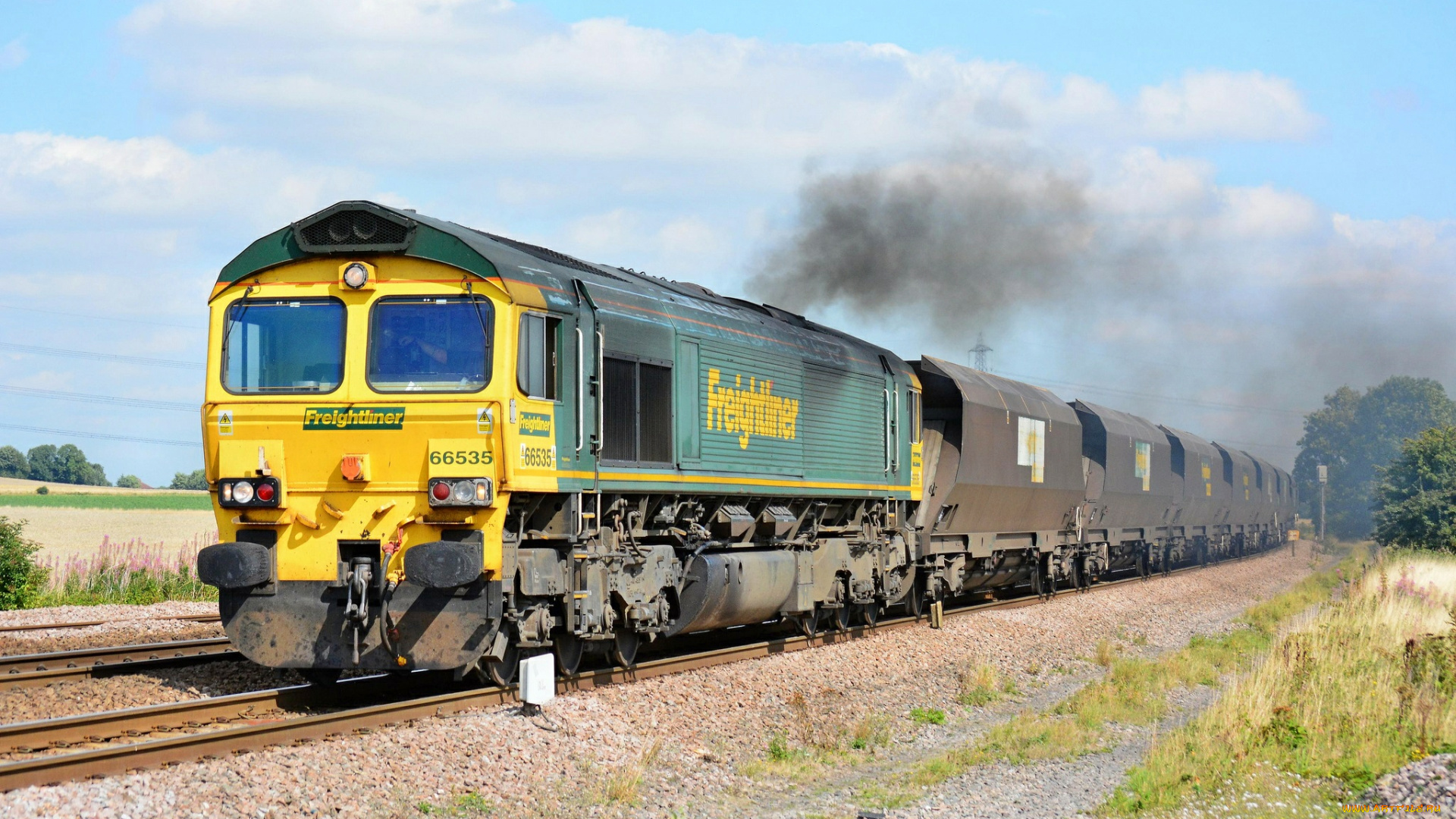 техника, поезда, грузовой, состав, вагоны, локомотив, рельсы, железная, дорога