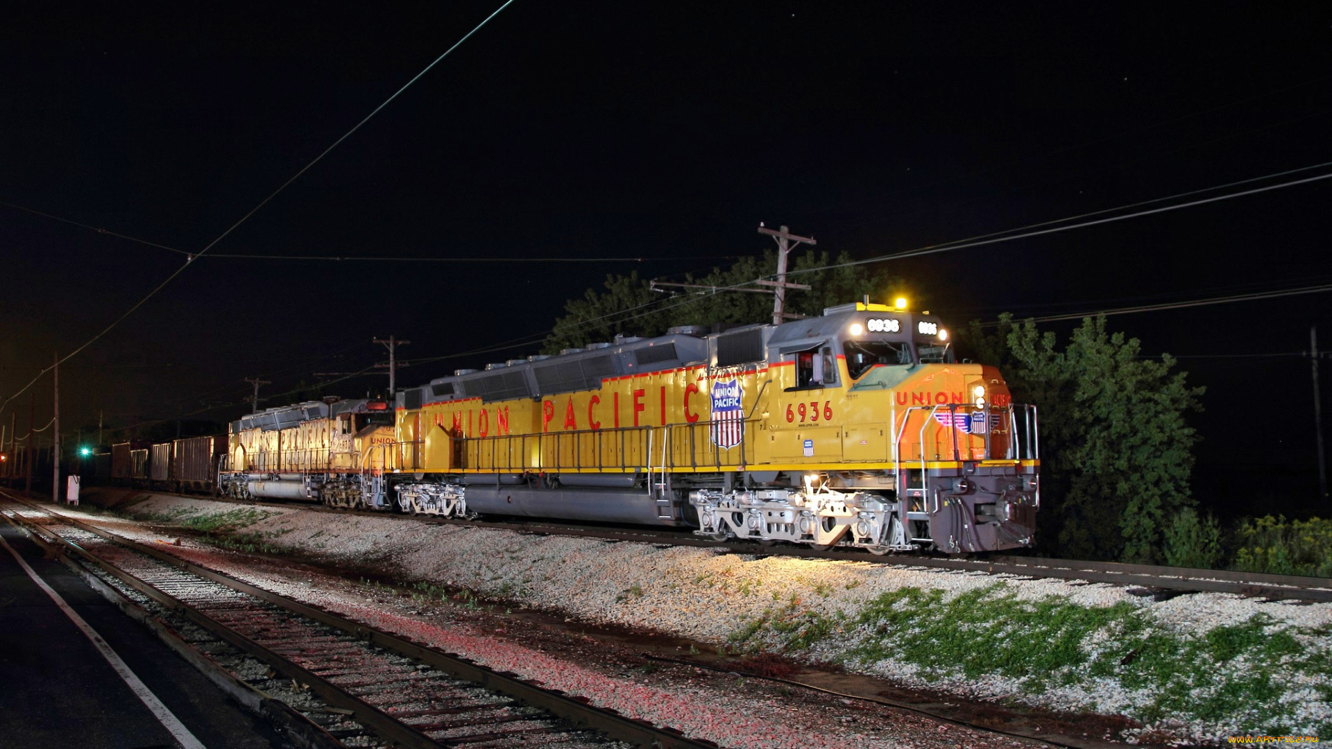 техника, поезда, железная, дорога, рельсы, грузовой, состав, вагоны, ночь, локомотив