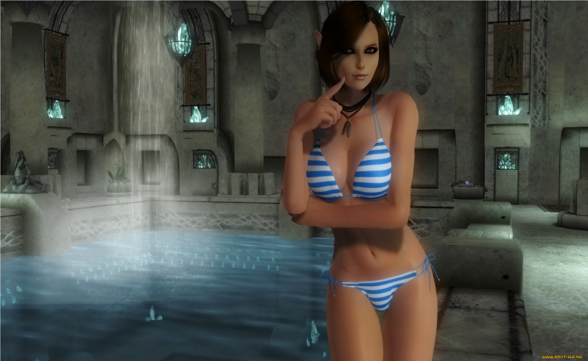 3д, графика, elves, эльфы, бассейн, эльфийка