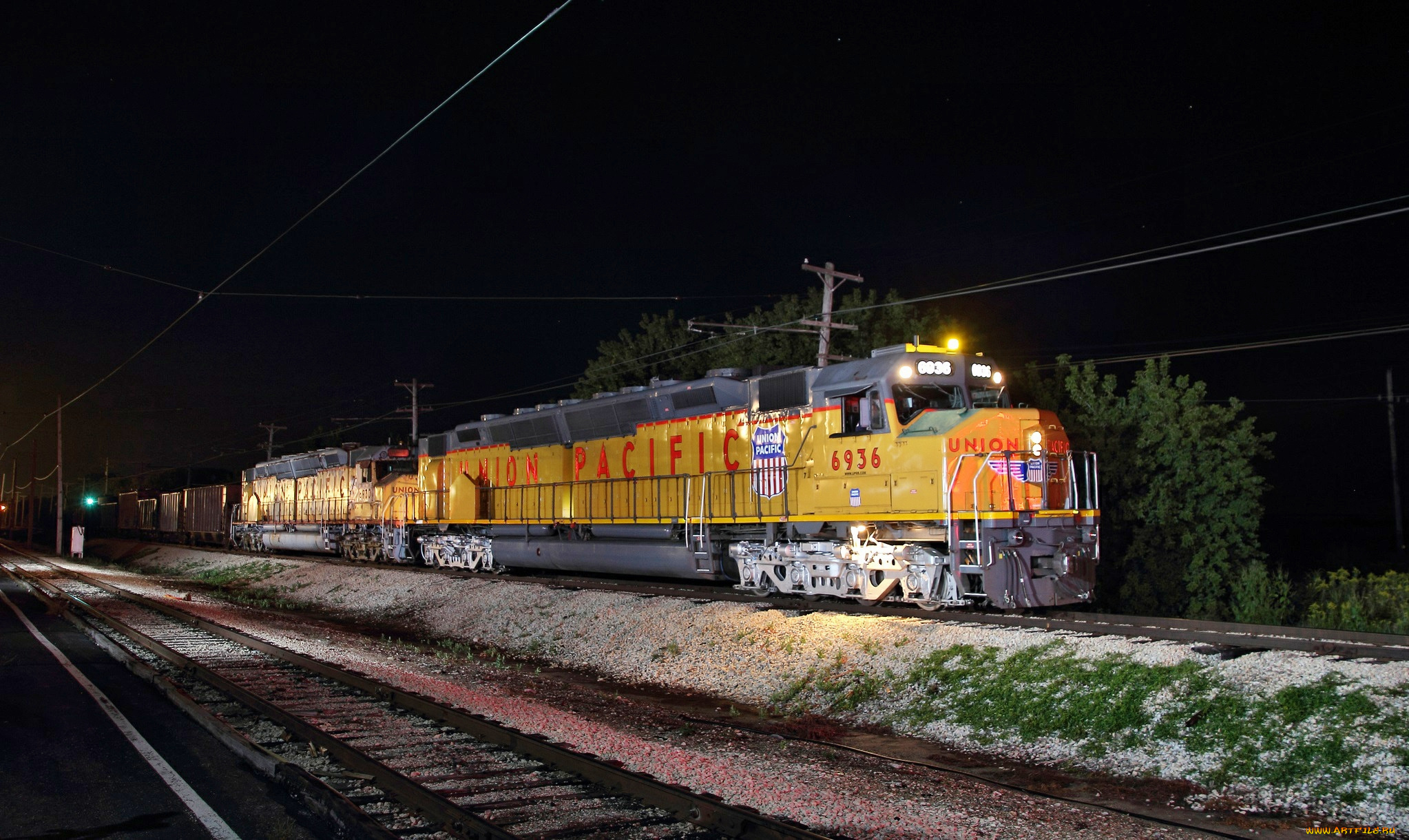 техника, поезда, железная, дорога, рельсы, грузовой, состав, вагоны, ночь, локомотив