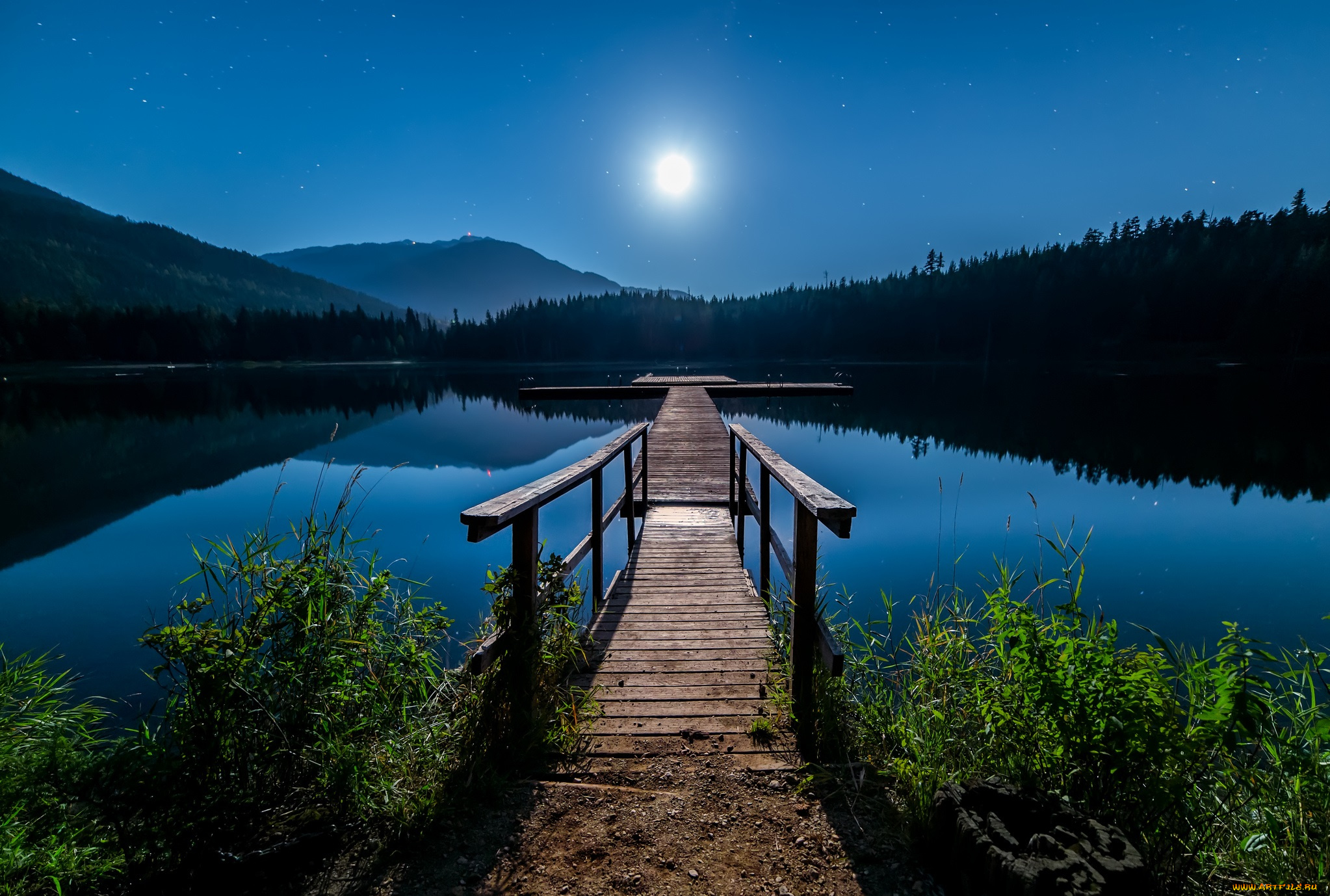 природа, восходы, закаты, ночь, луна, озеро, горы, мостик, трава