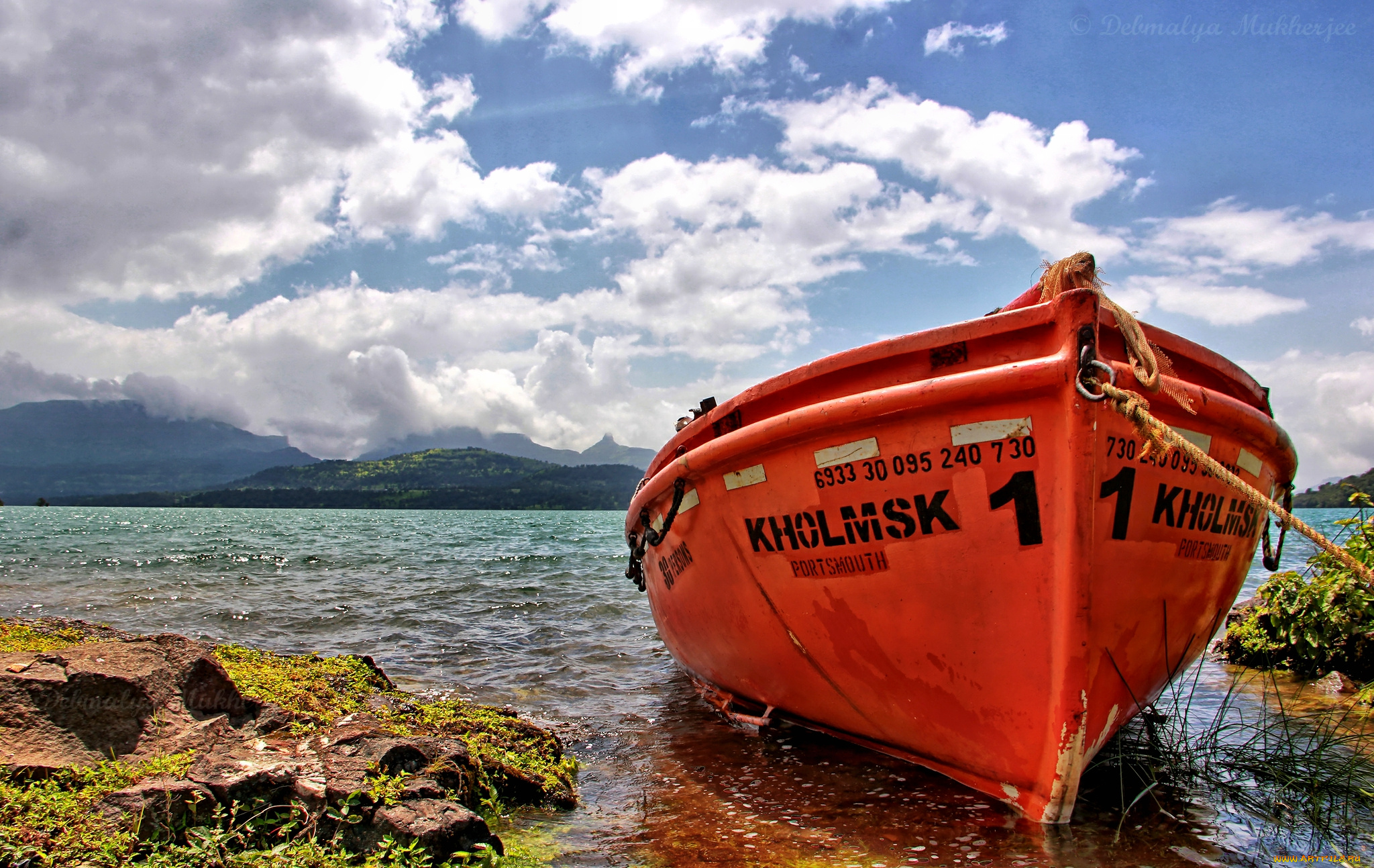 корабли, лодки, шлюпки, берег, облака, привязь, баркакс, озеро, горы