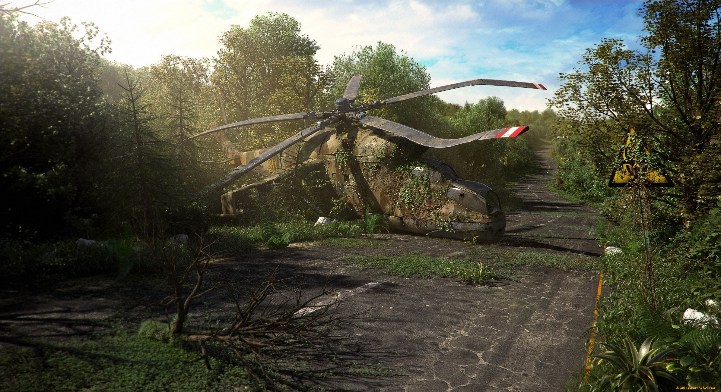 3д, графика, military, деревья, вертолет, дорога