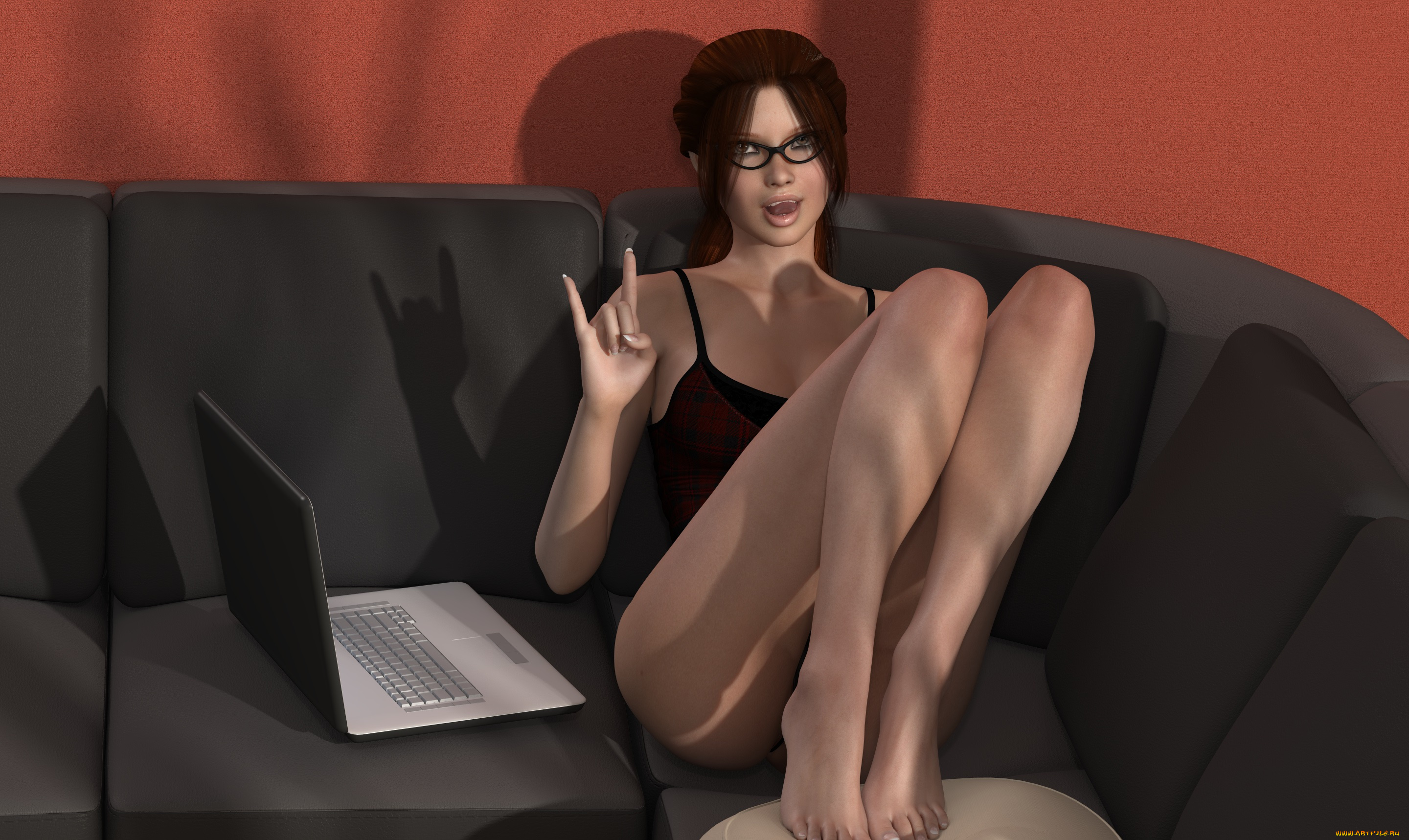 3д, графика, people, люди, диван, девушка, ноутбук, взгляд, очки