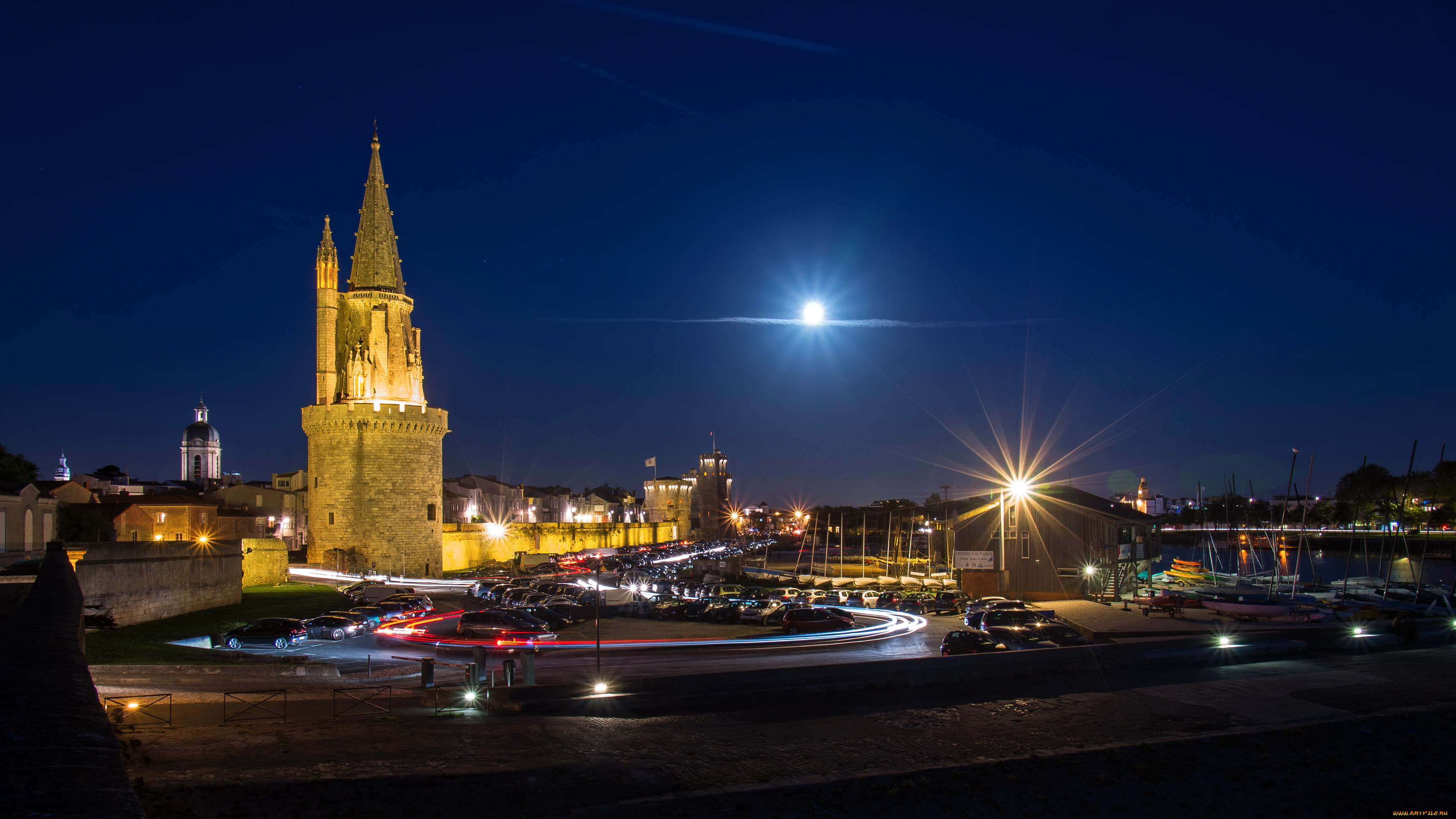 la, rochelle, франция, города, огни, ночного, огниплощадь, ночь, дома, река