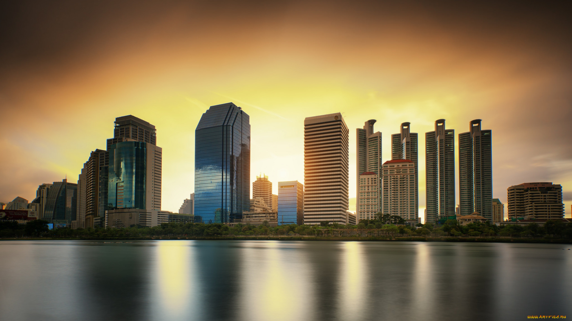 bangkok, city, downtown, at, sunrise, with, strom, города, бангкок, , таиланд, заря, небоскребы, океан