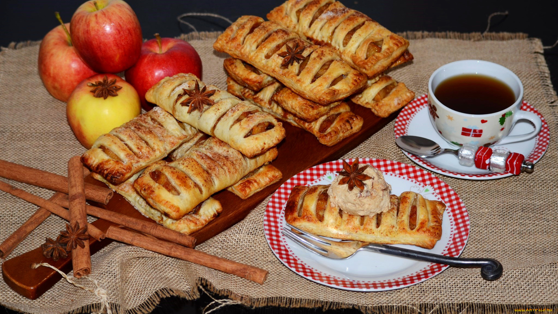 еда, натюрморт, выпечка, чай, яблоки