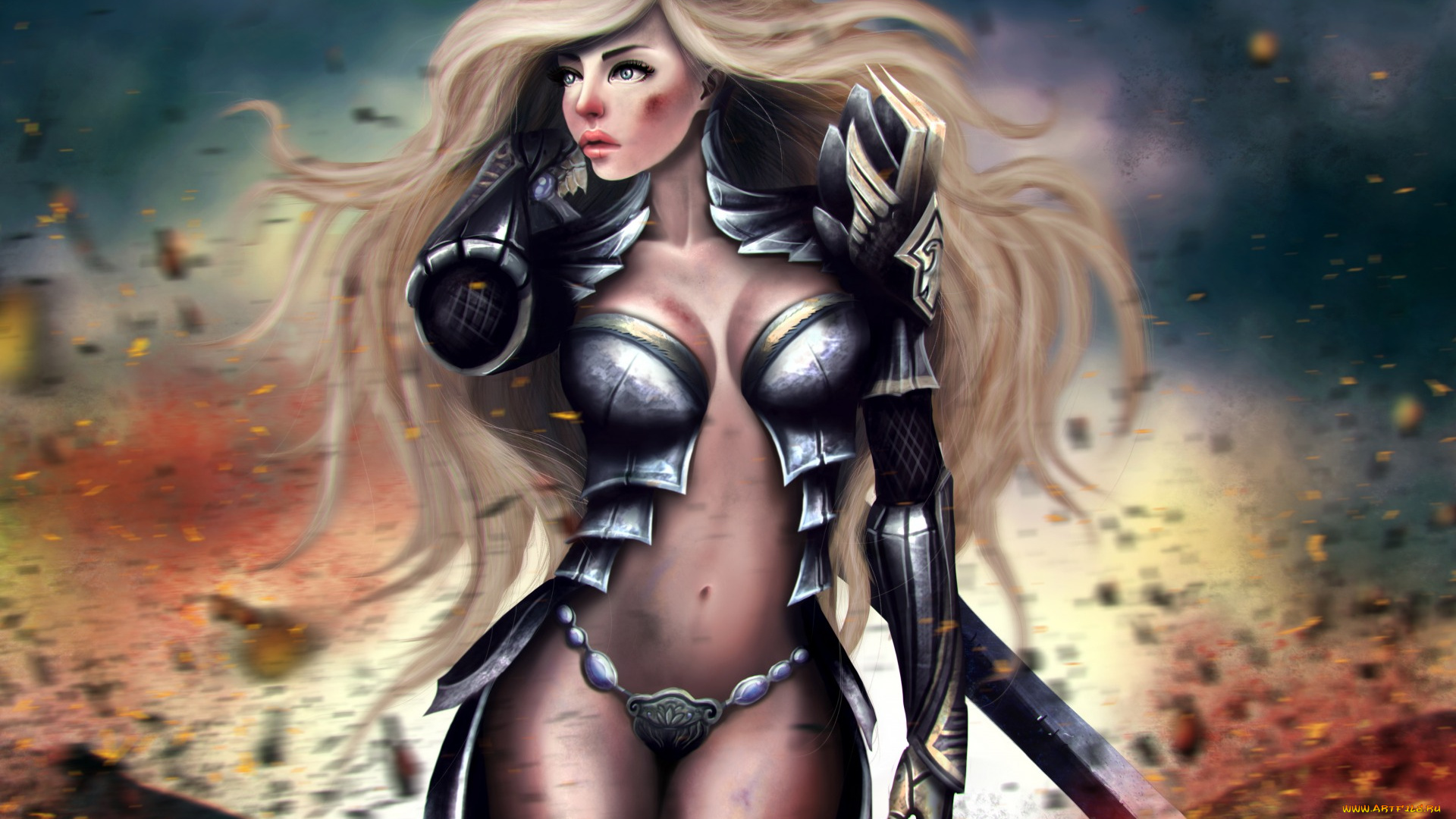 фэнтези, демоны, демон, девушка, фантастика, блондинка, броня, волосы, длинные, фон, взгляд, доспехи, лицо, меч, рога