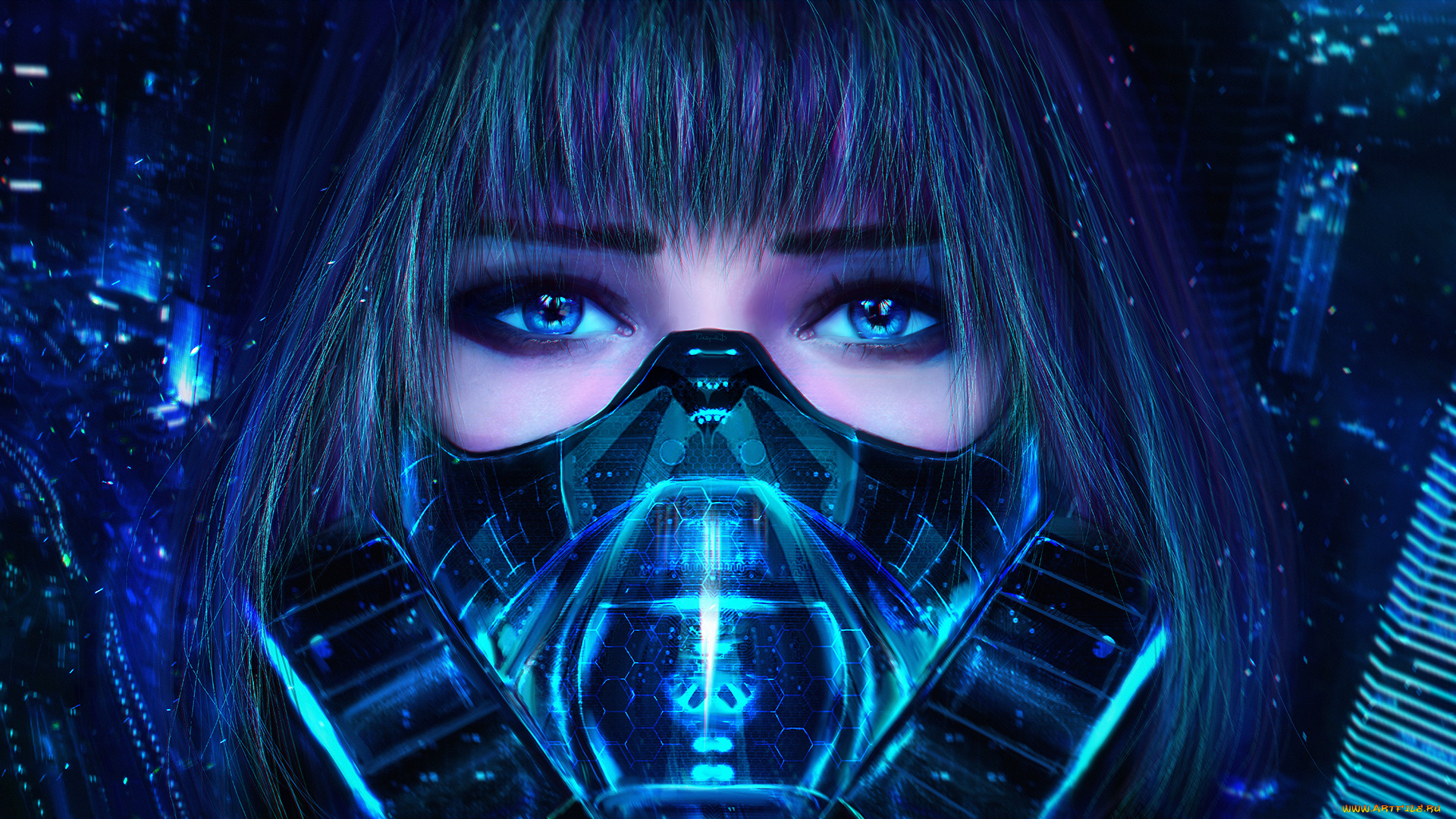 фэнтези, девушки, девушка, маска, респиратор, глаза, взгляд, арт, cyberpunk