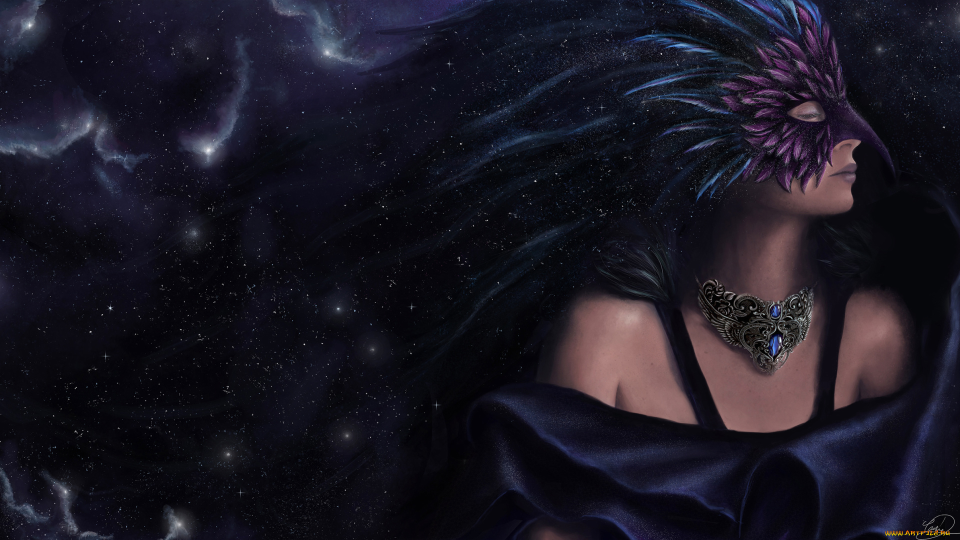 фэнтези, девушки, космос, профиль, девушка, маска, перья, закрытые, глаза, звезды