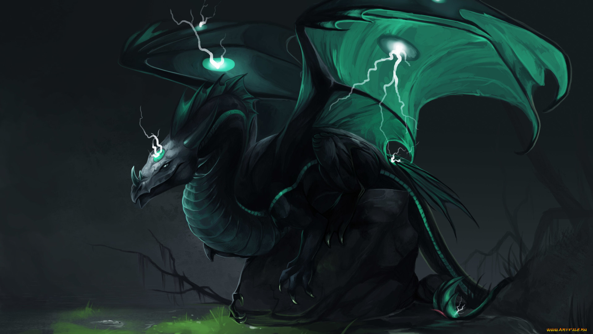 фэнтези, драконы, зеленый, дракон, арт, фантастика, молнии, крылья, взгляд