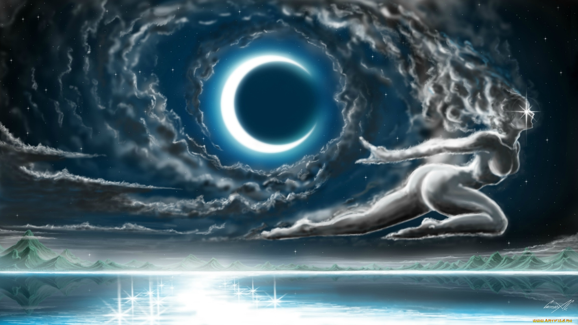 фэнтези, другое, лунный, свет, море, вода, звезды, ночь, облака, девушка, фантастика, небо, арт